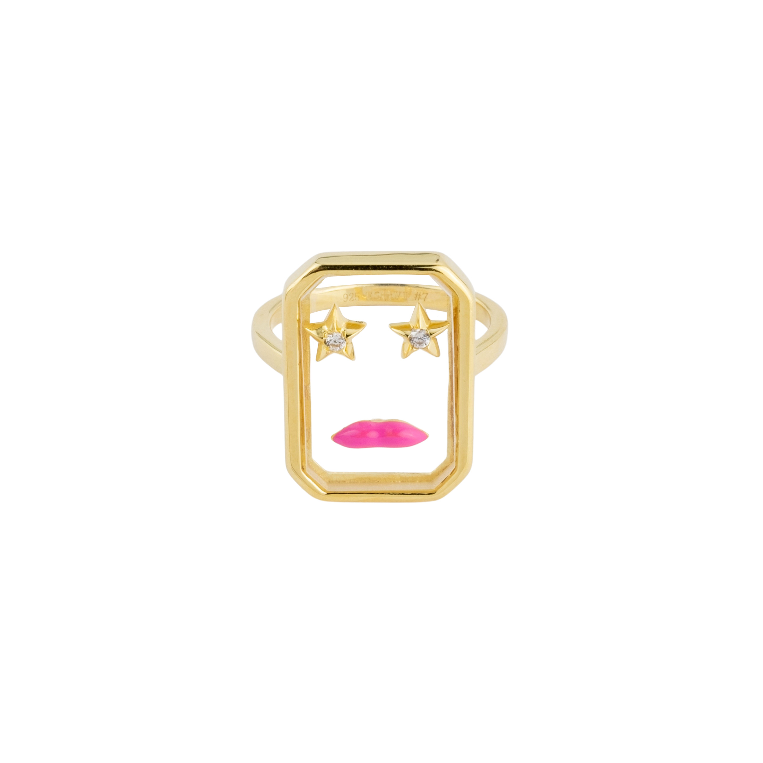 Серебряное кольцо с позолотой LIPS из ювелирное смолы с красной эмалью и прозрачными кристаллами