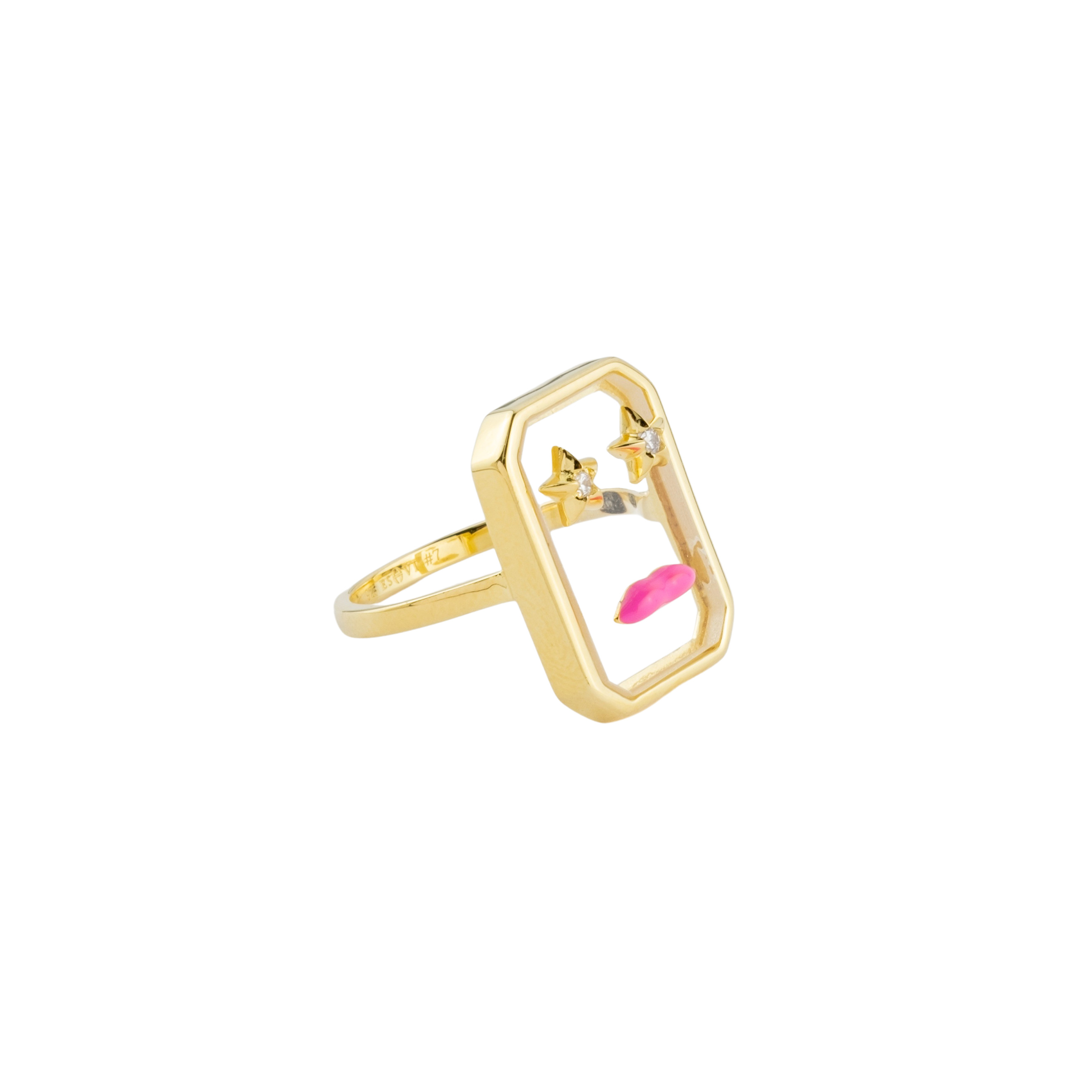 Серебряное кольцо с позолотой LIPS из ювелирное смолы с красной эмалью и прозрачными кристаллами