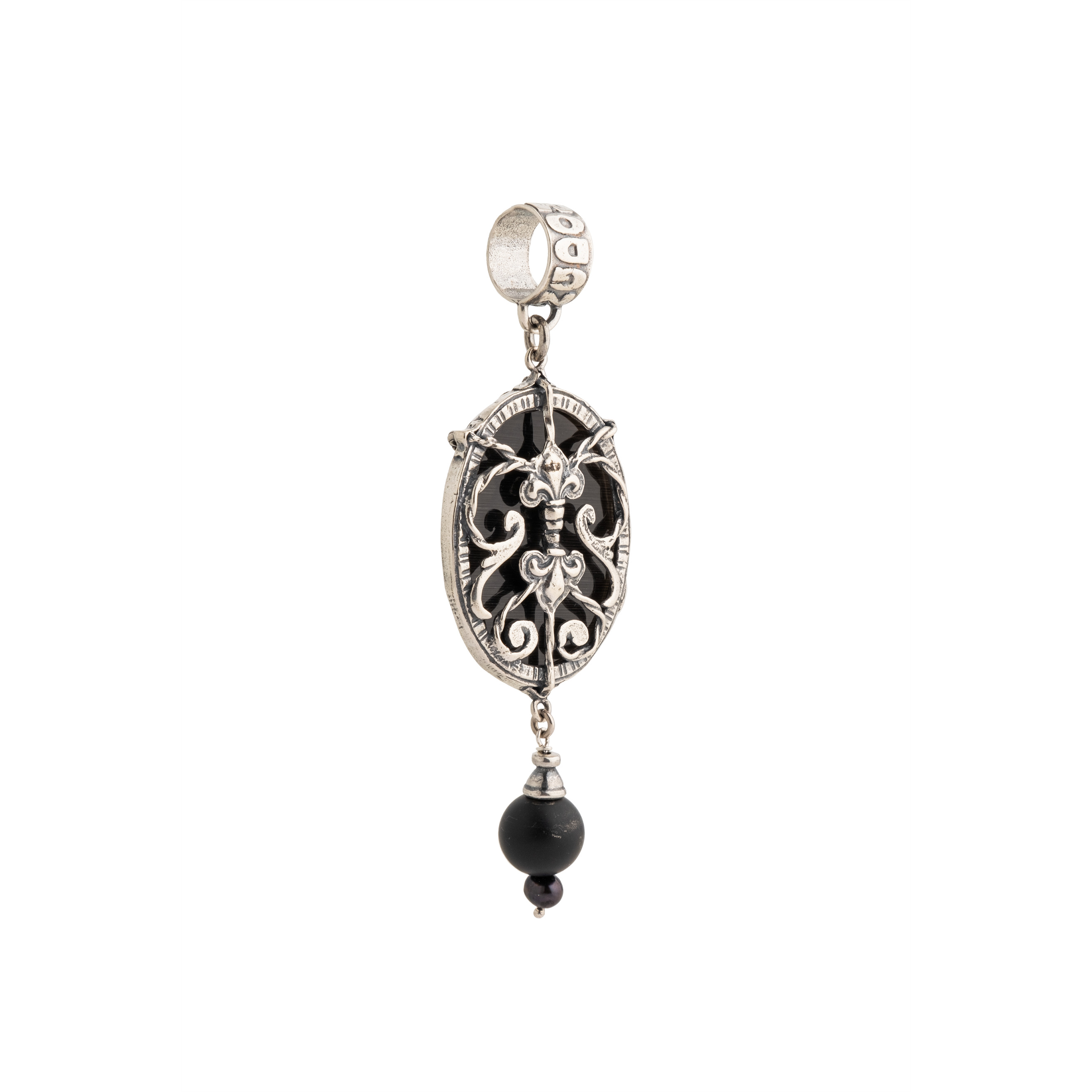 Silver pendant with onyx, tiger's eye and river pearls