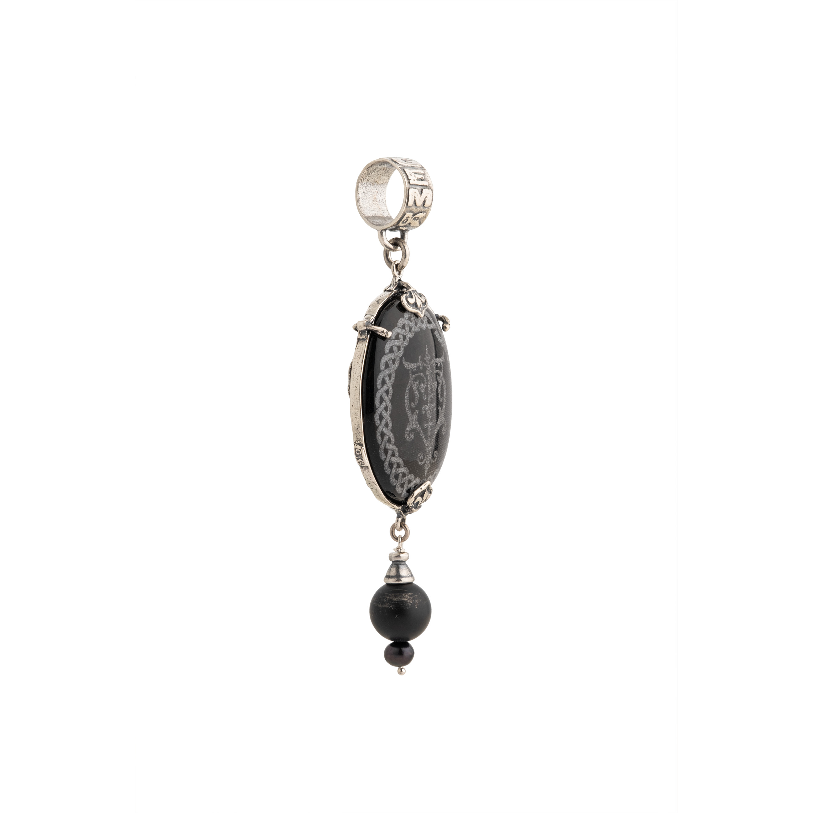 Silver pendant with onyx, tiger's eye and river pearls