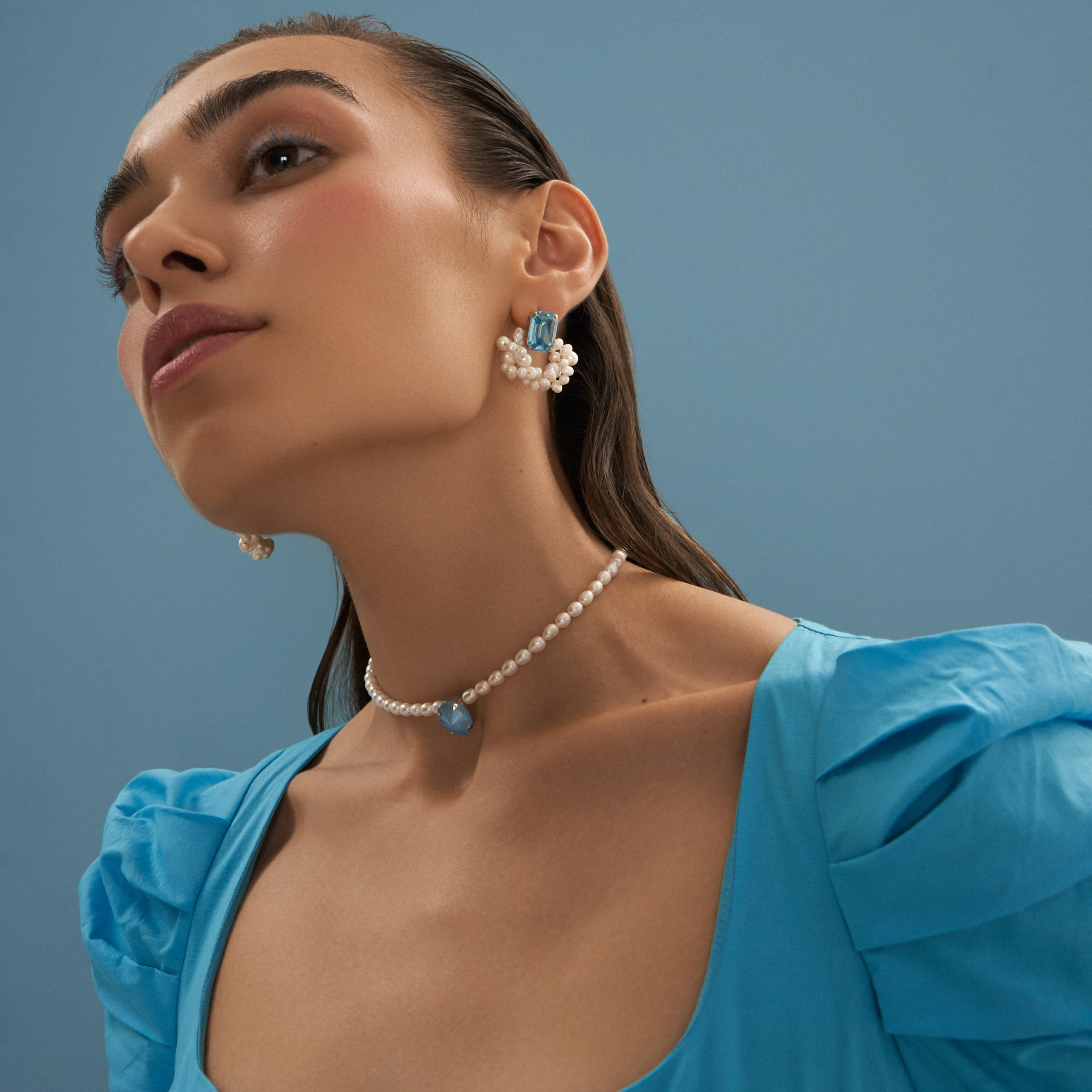 Серебристый чокер с жемчугом и кристаллом Swarovski Blue Lagoon