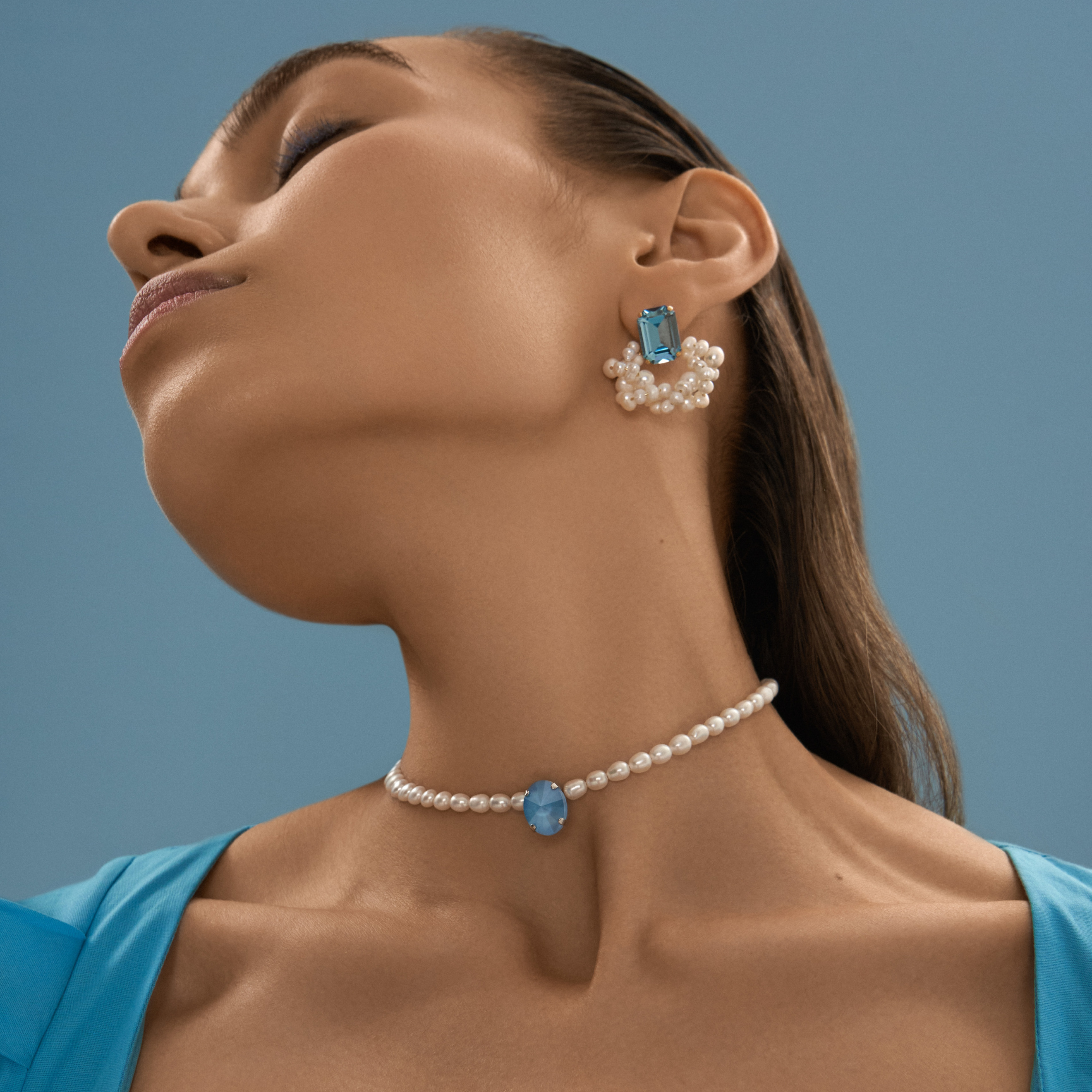 Серебристый чокер с жемчугом и кристаллом Swarovski Blue Lagoon