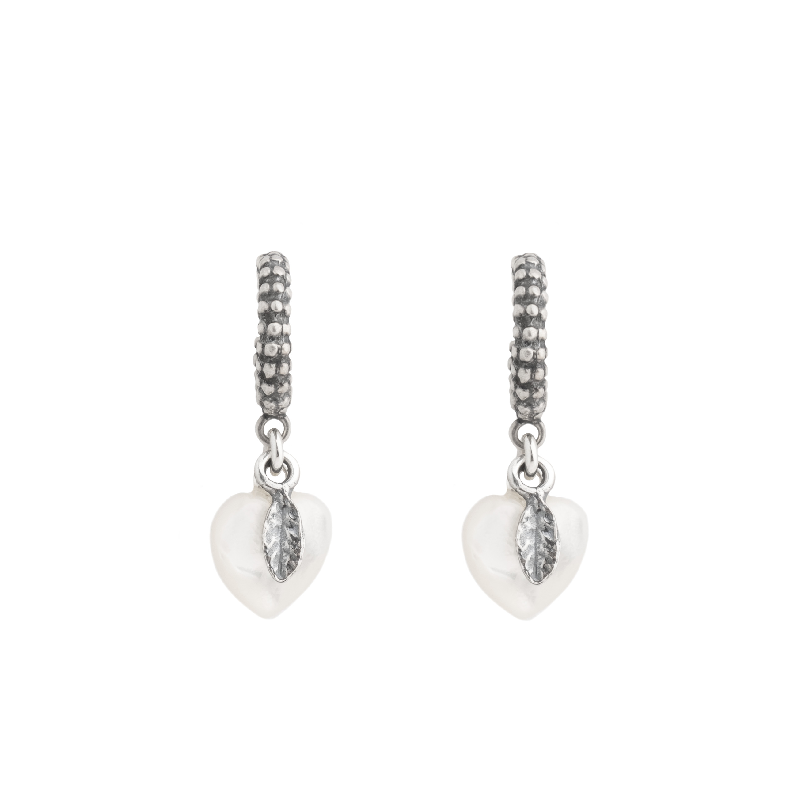 Silver heart earrings with mother-of-pearl insert