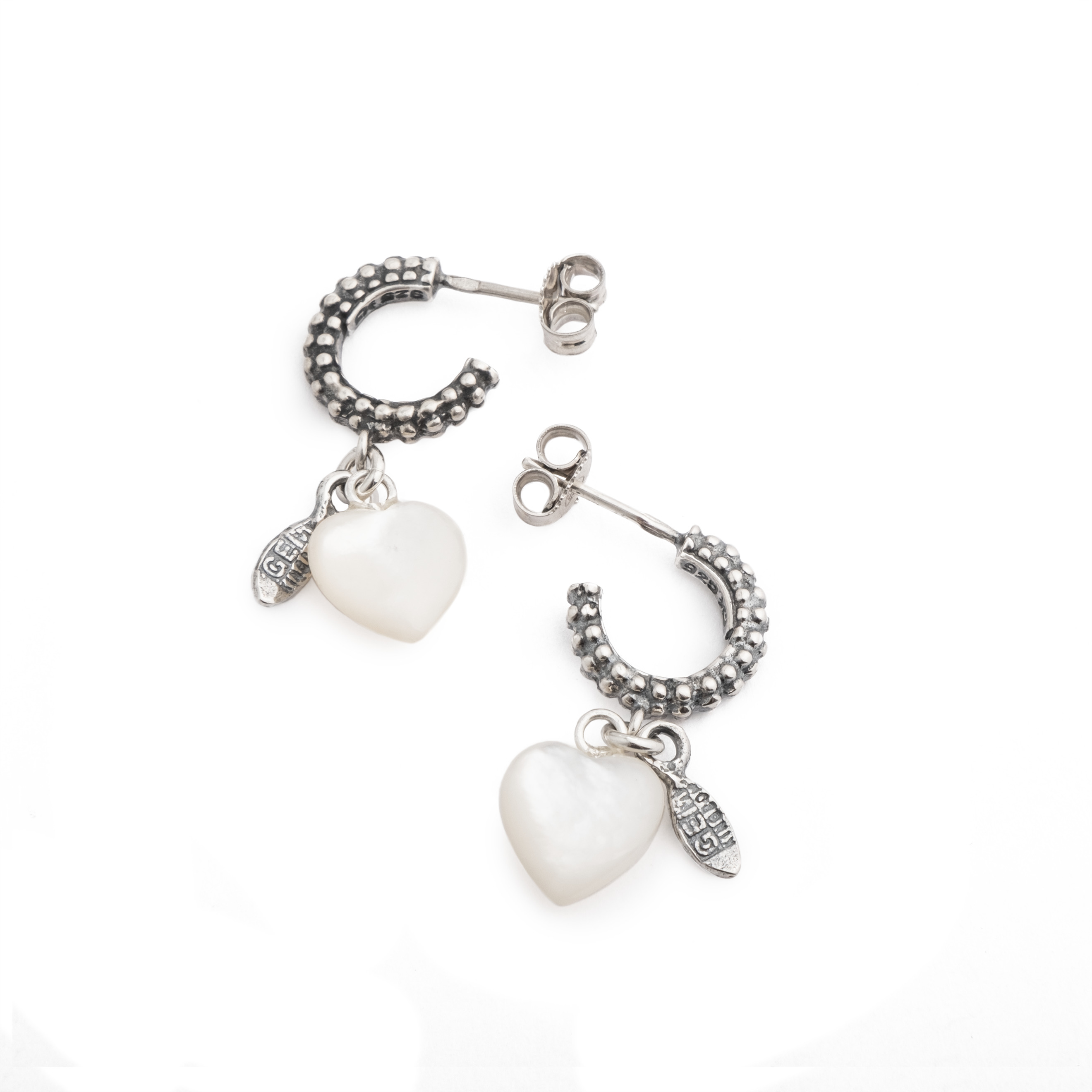 Silver heart earrings with mother-of-pearl insert