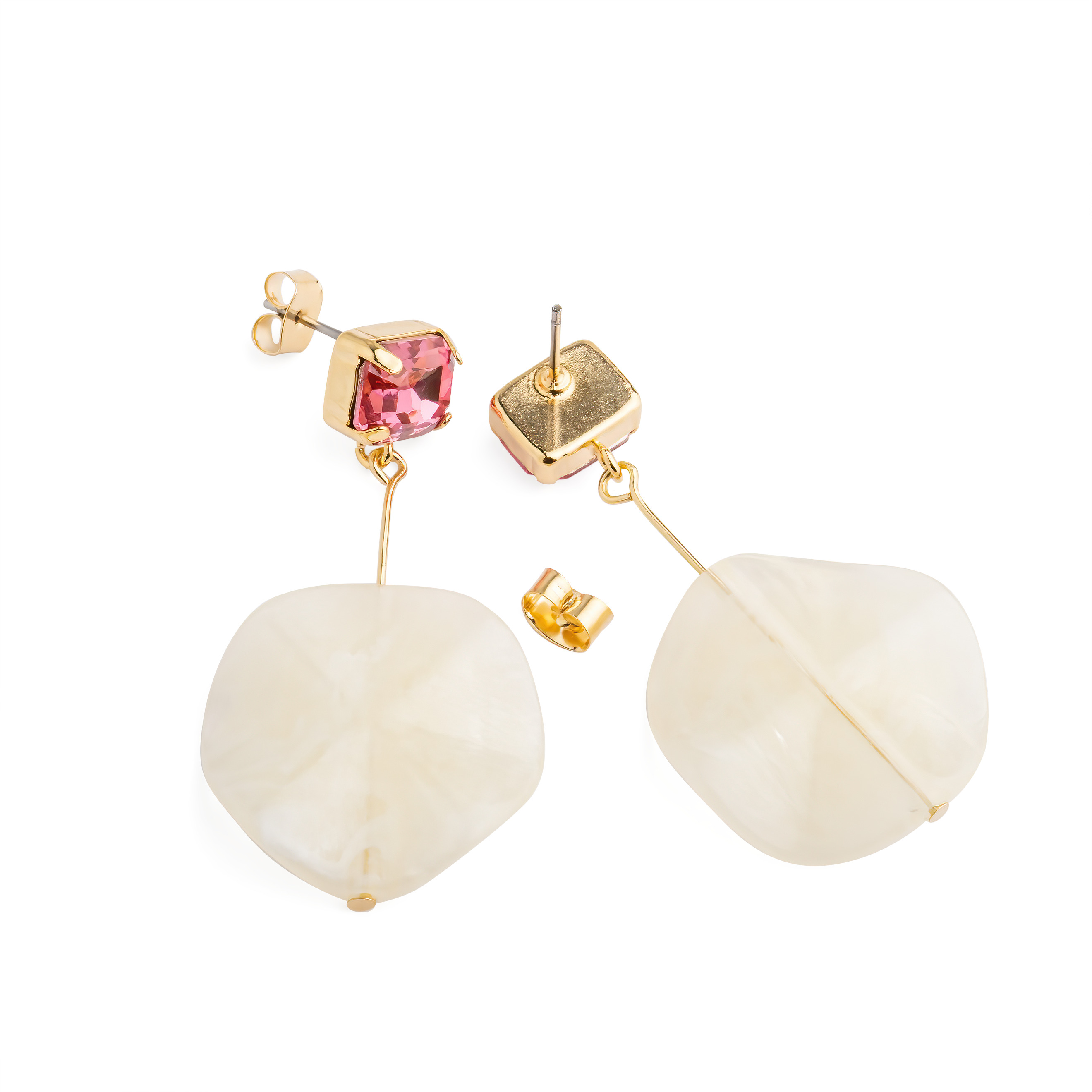 Earrings with pink crystals and pearl pendants