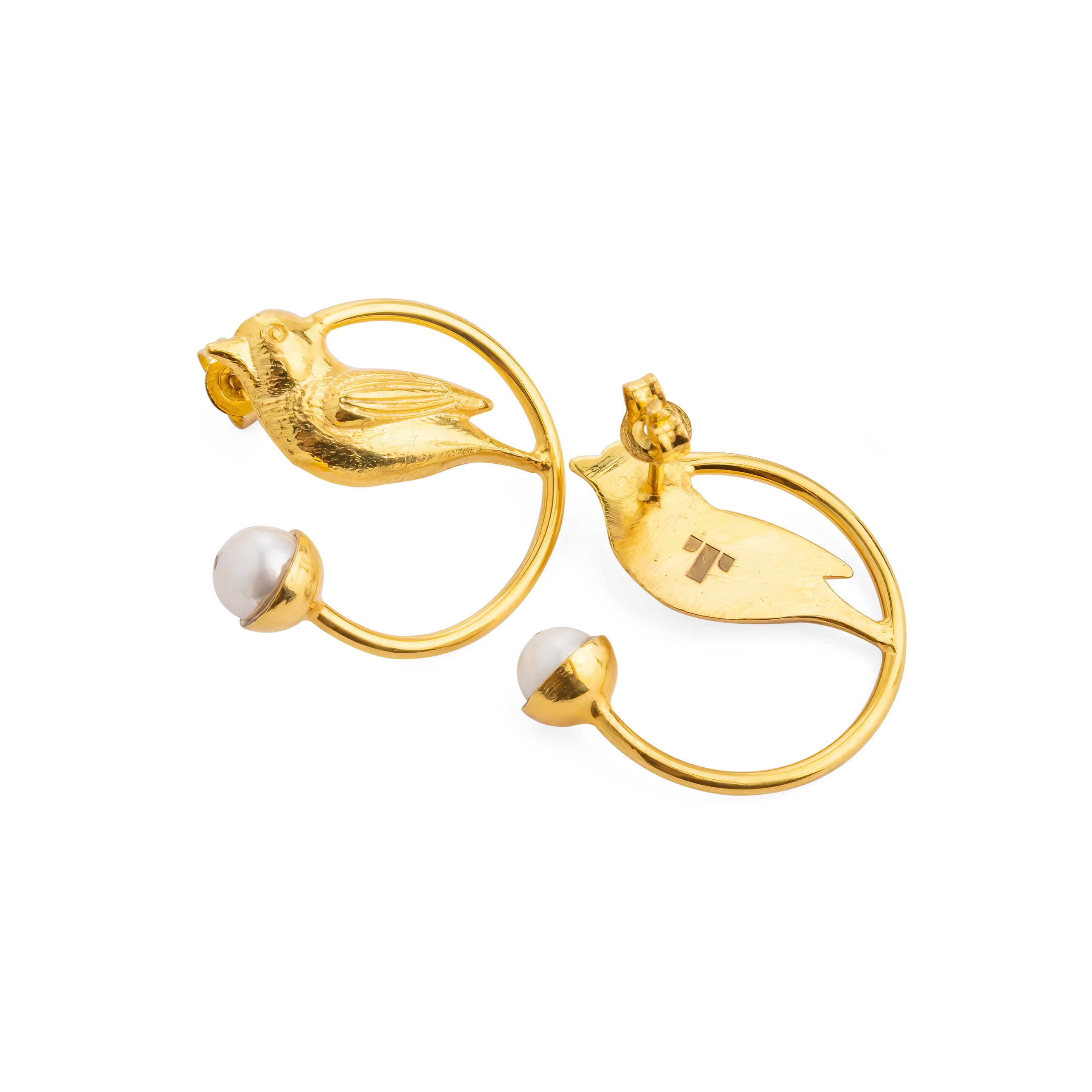 Gold-plated semicircular Bird Earrings with pearl inserts