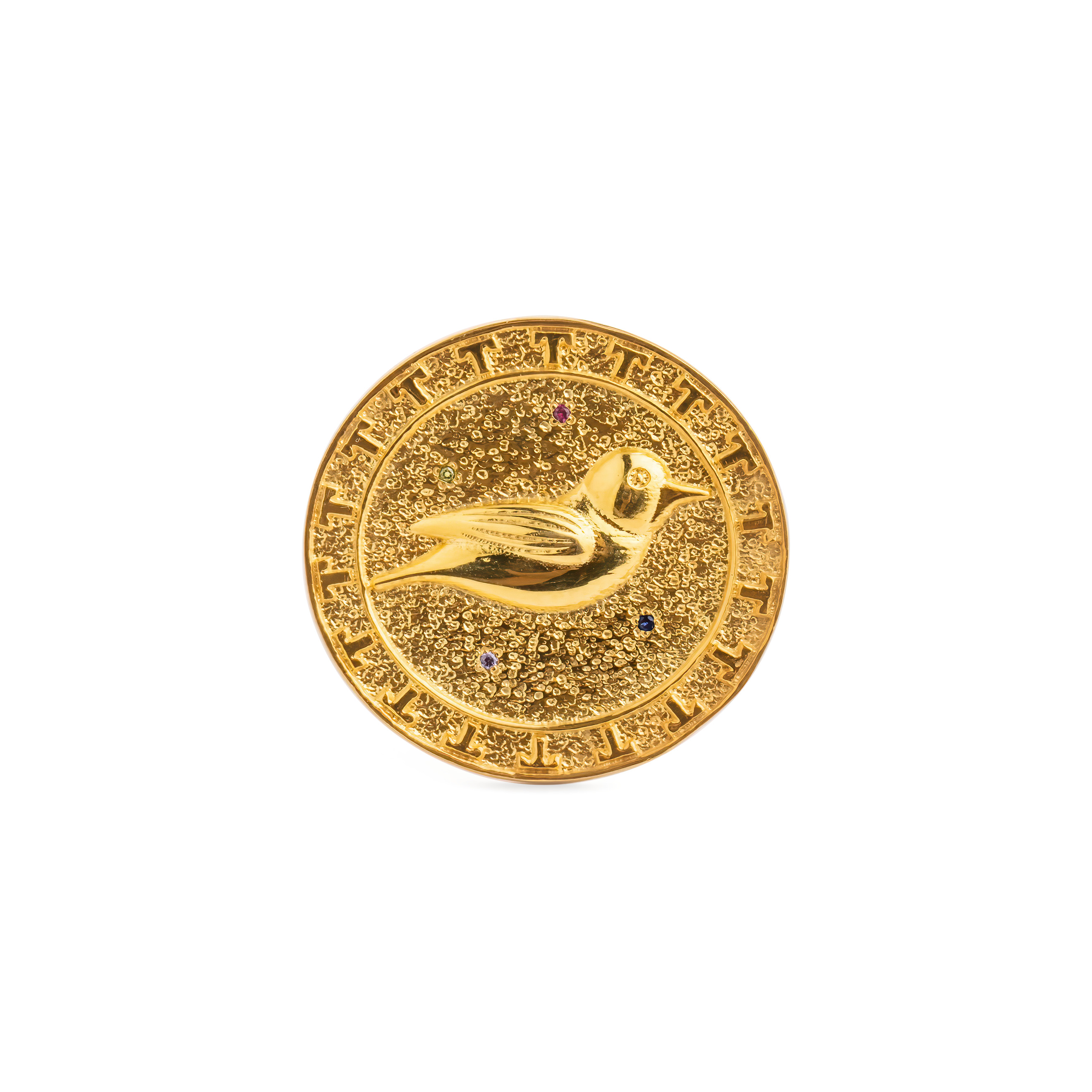 Gold-plated round ring with a bird and white and red crystals