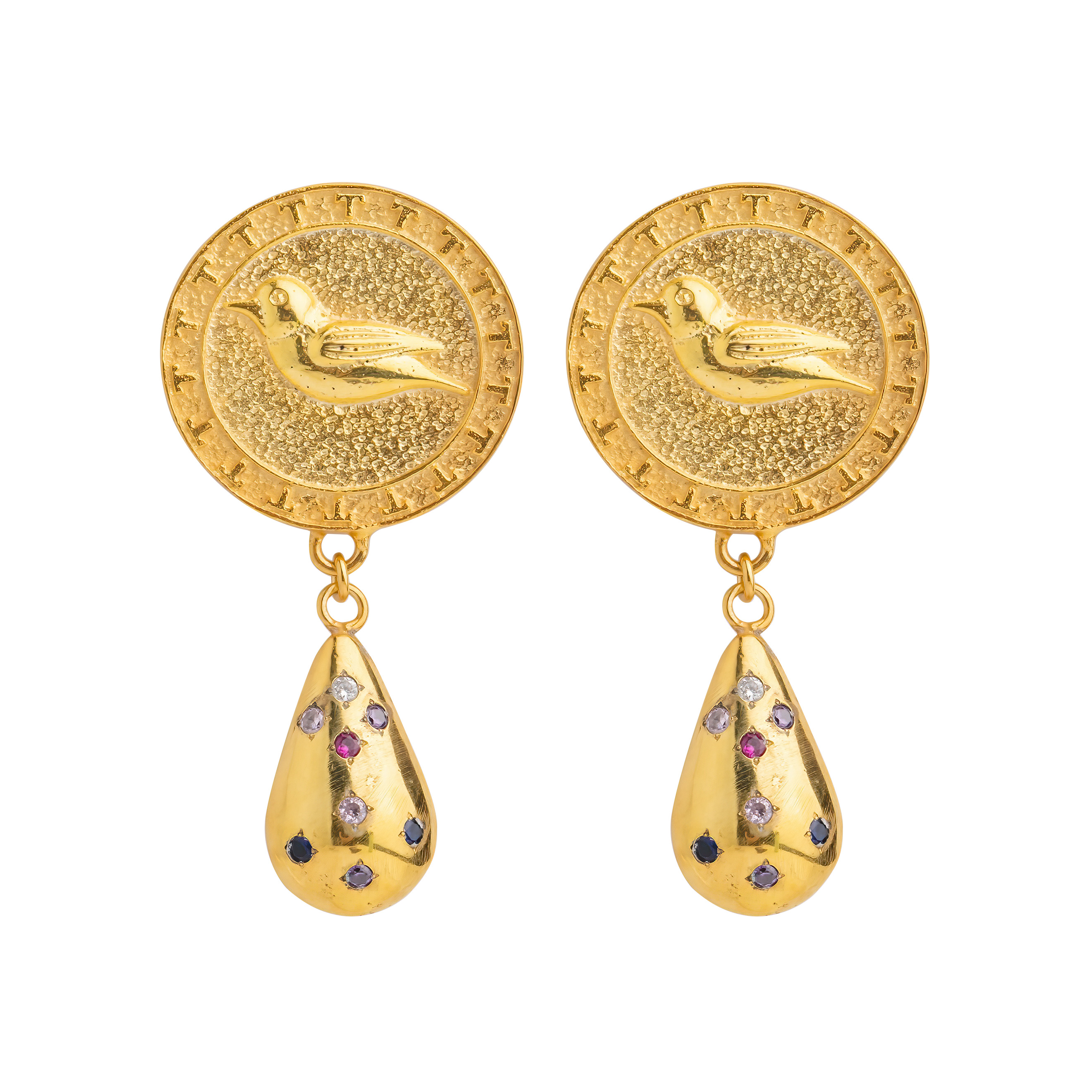 Gold-plated round earrings with birds and droplets with inserts of multicolored zirconium