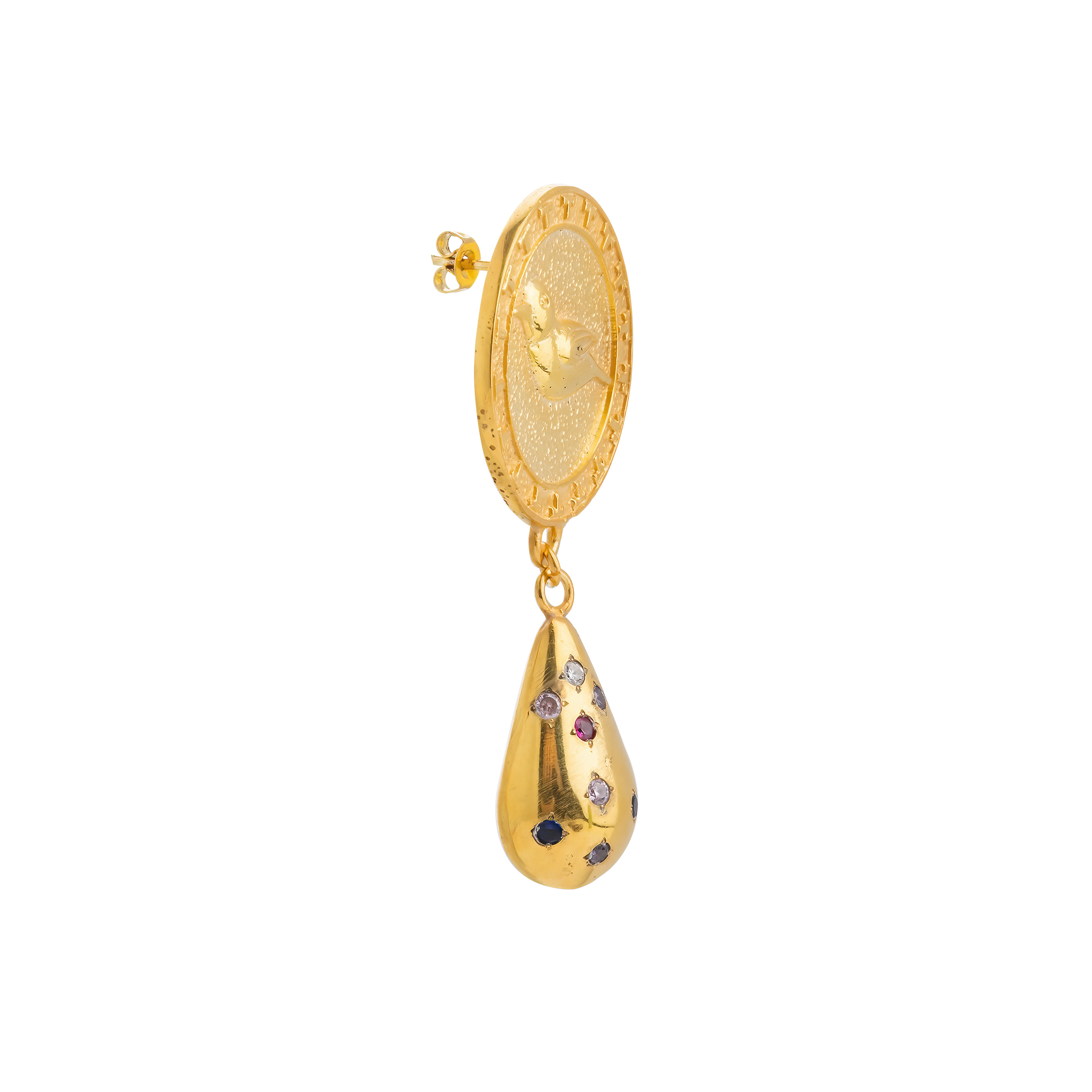 Gold-plated round earrings with birds and droplets with inserts of multicolored zirconium