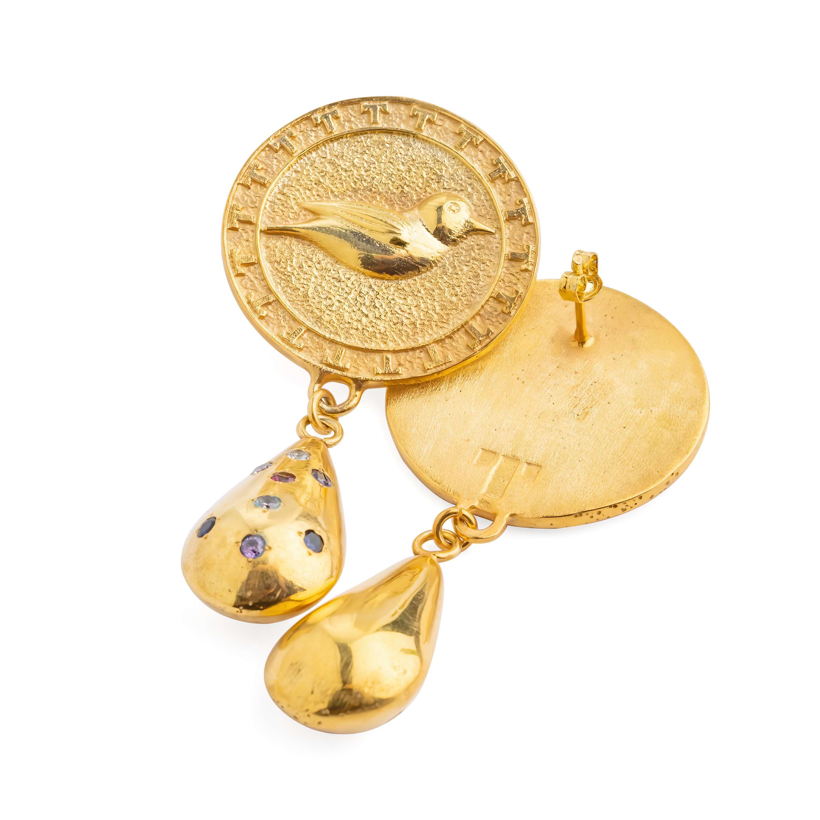 Gold-plated round earrings with birds and droplets with inserts of multicolored zirconium