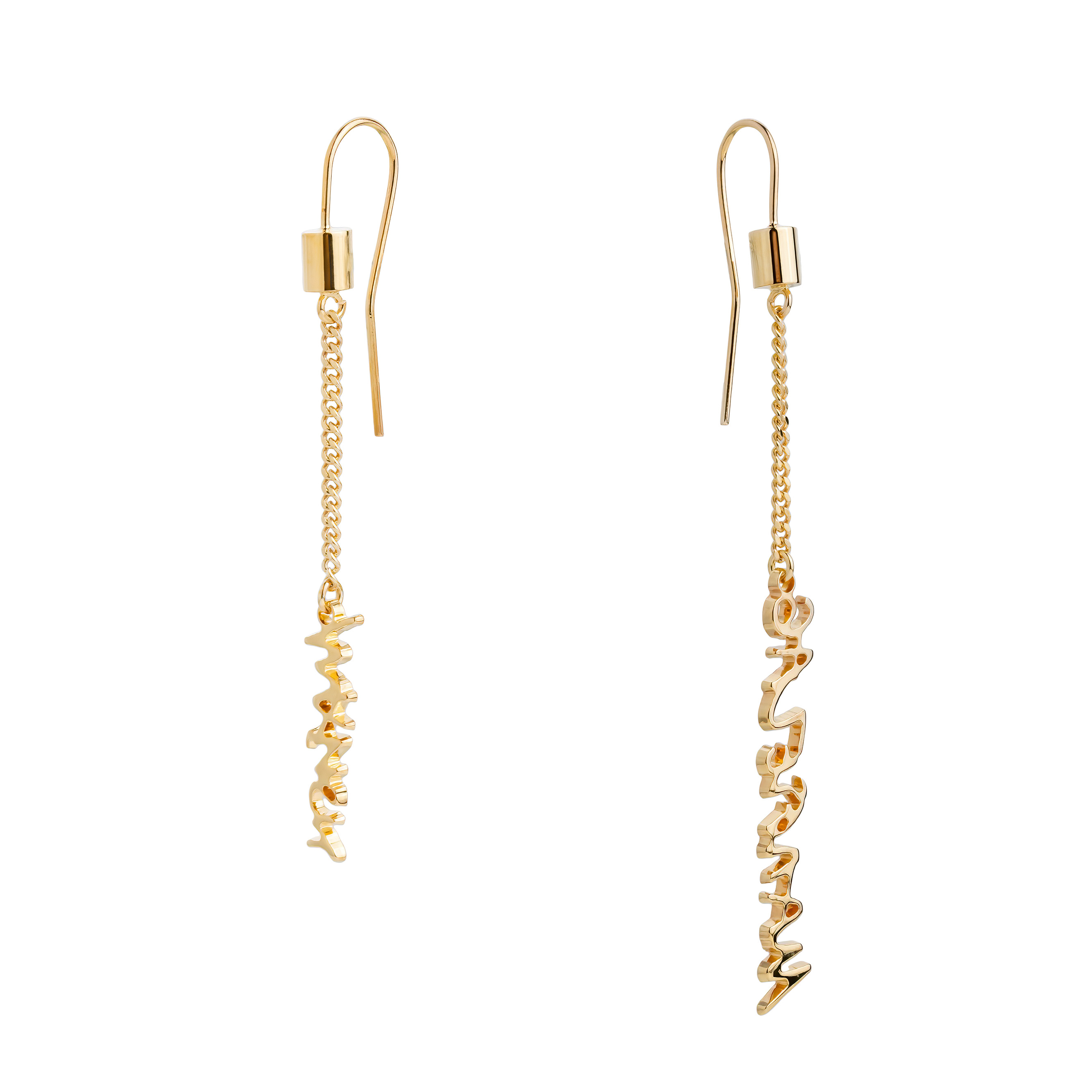 Gold-plated long asymmetrical earrings with inscription