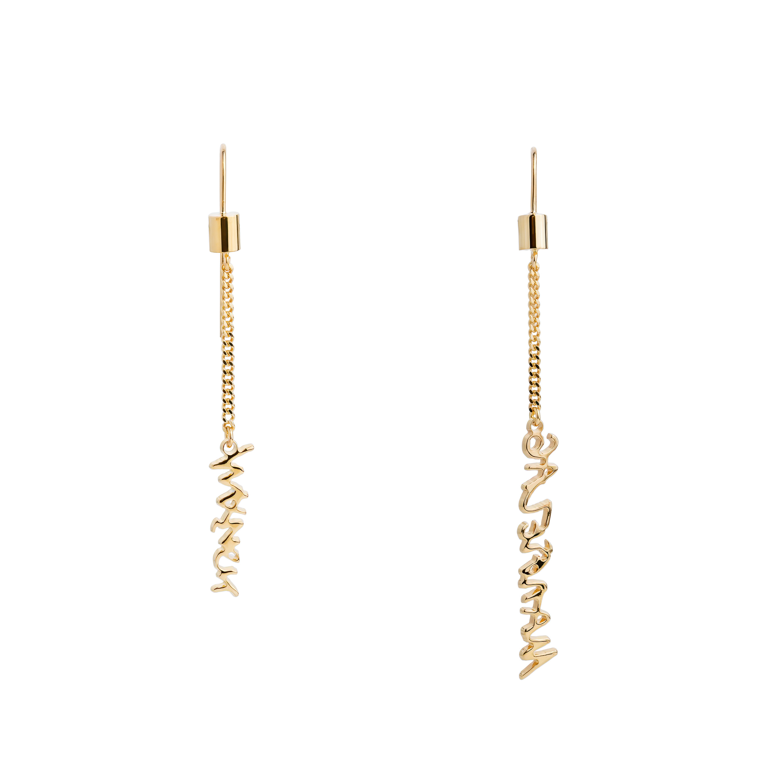 Gold-plated long asymmetrical earrings with inscription