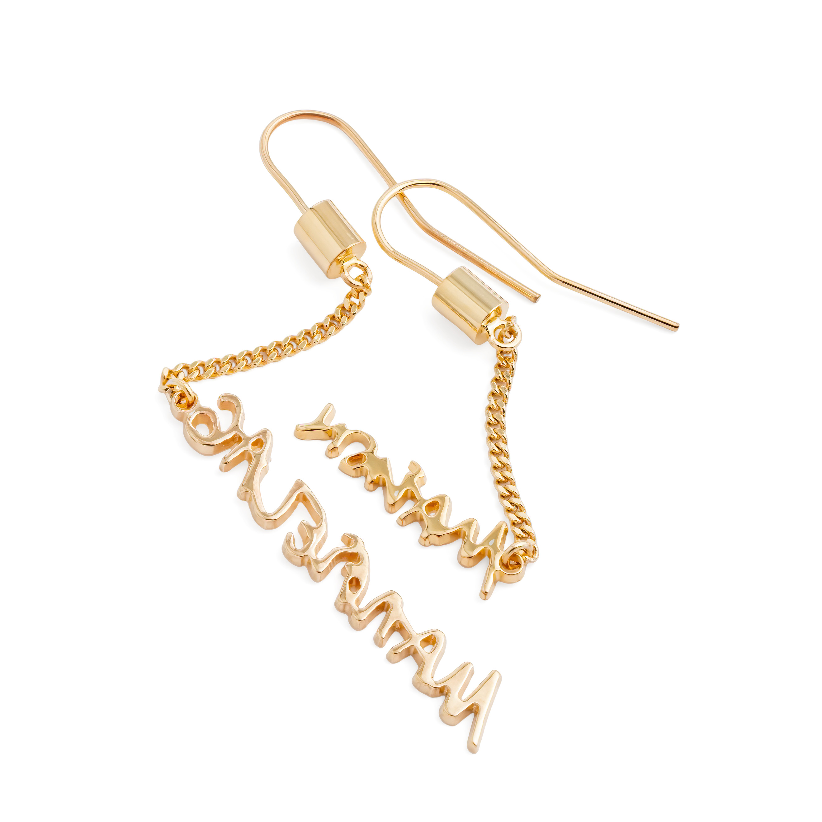 Gold-plated long asymmetrical earrings with inscription