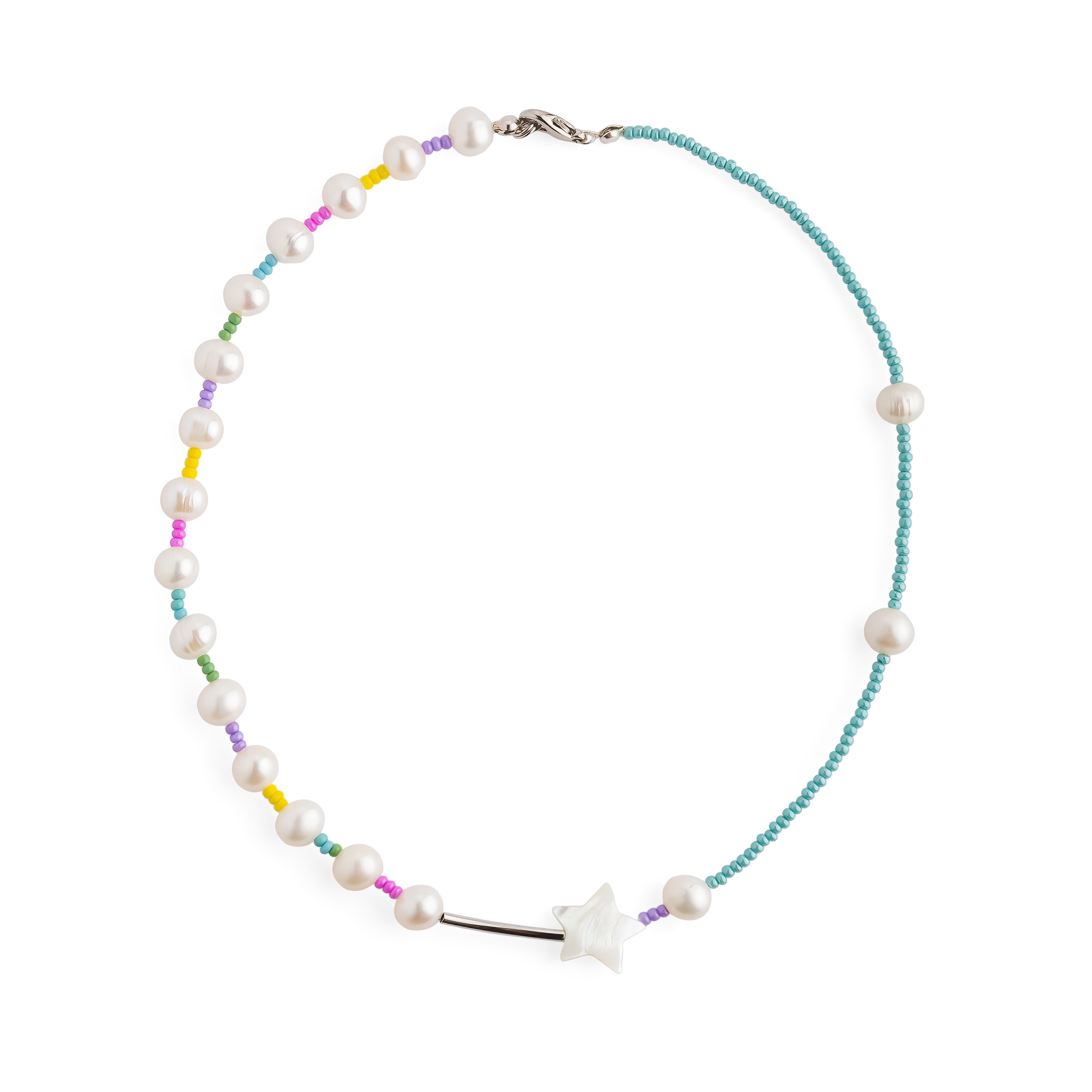 Blue necklace with mother-of-pearl stars and pearls