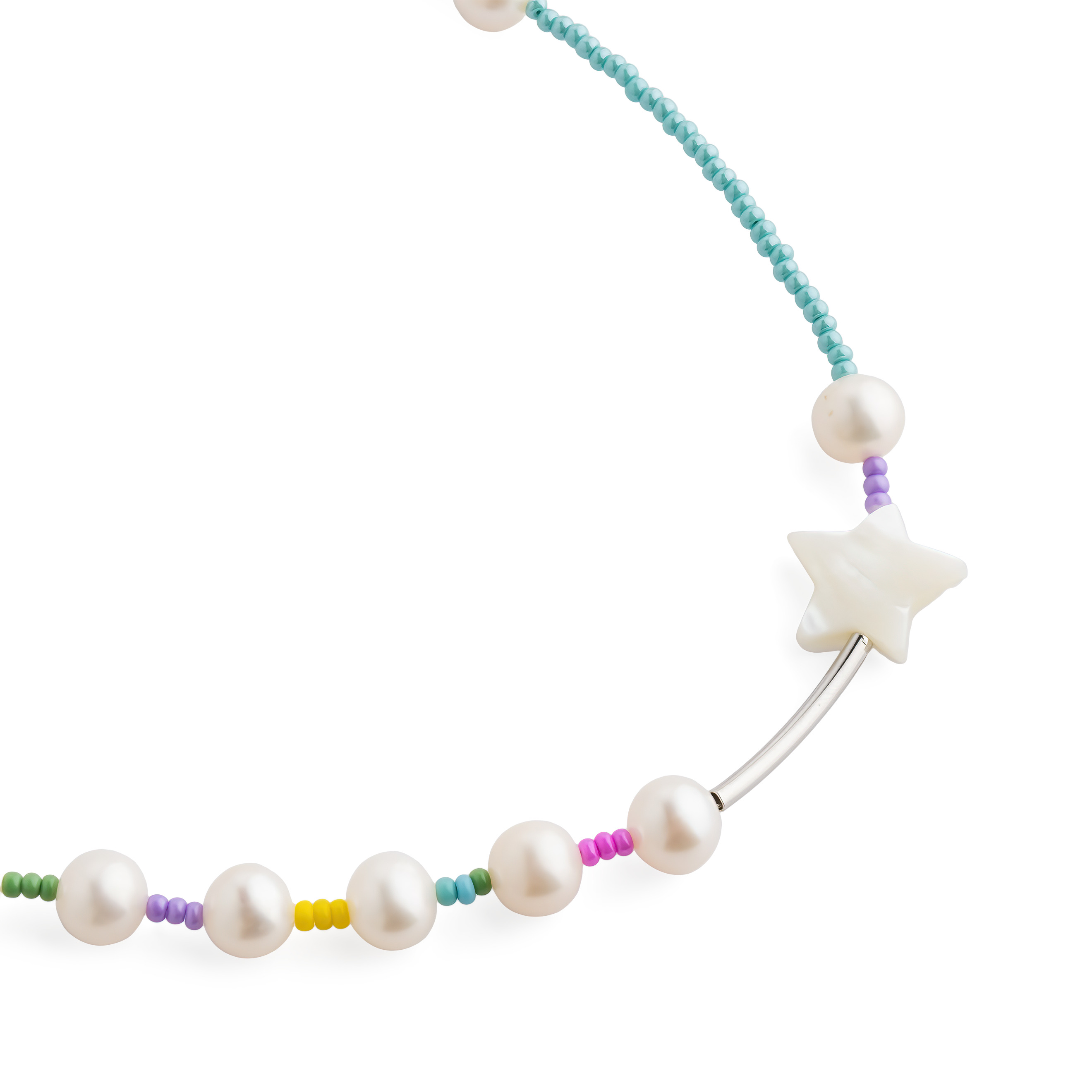 Blue necklace with mother-of-pearl stars and pearls