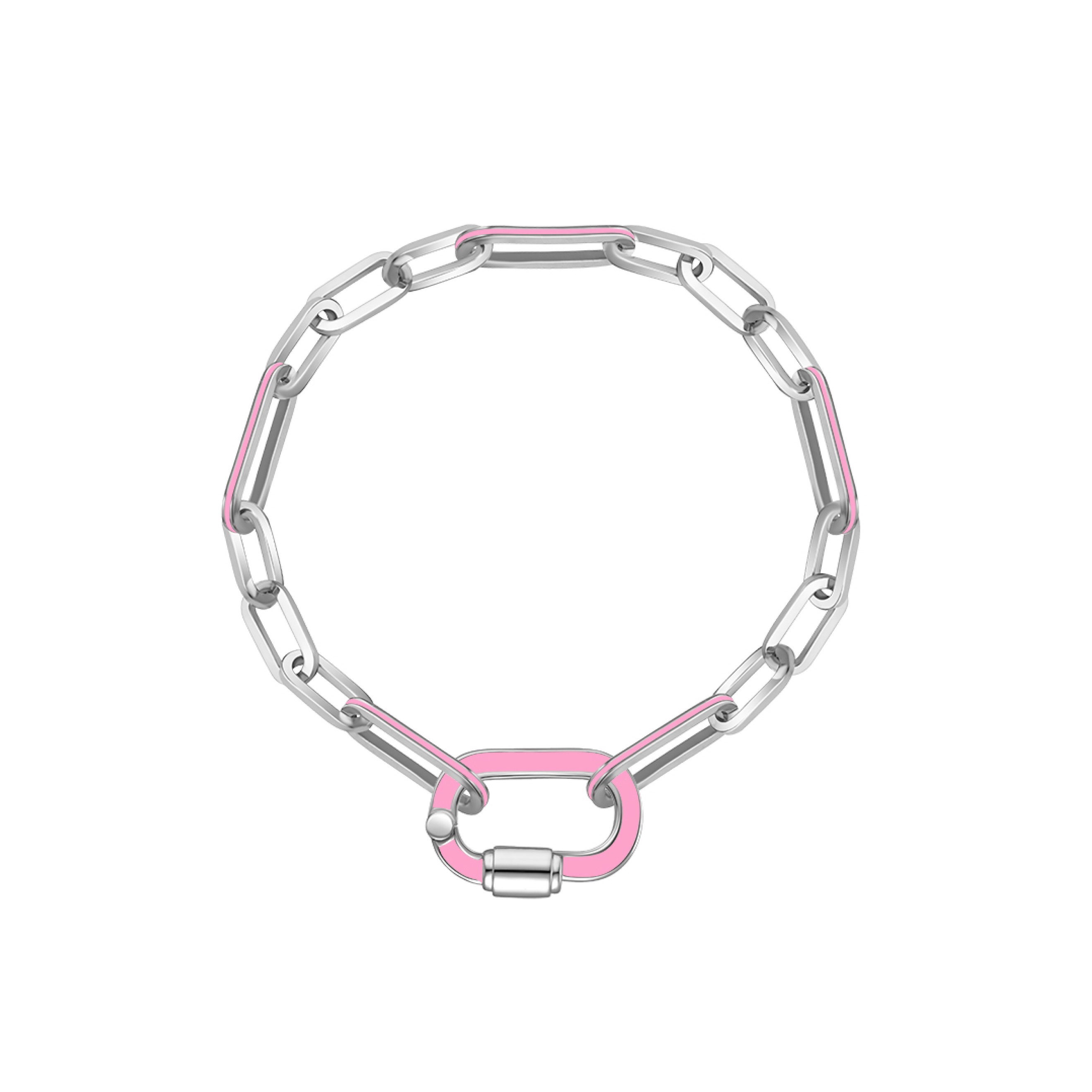 Silver bracelet with pink carabiner and links with enamel