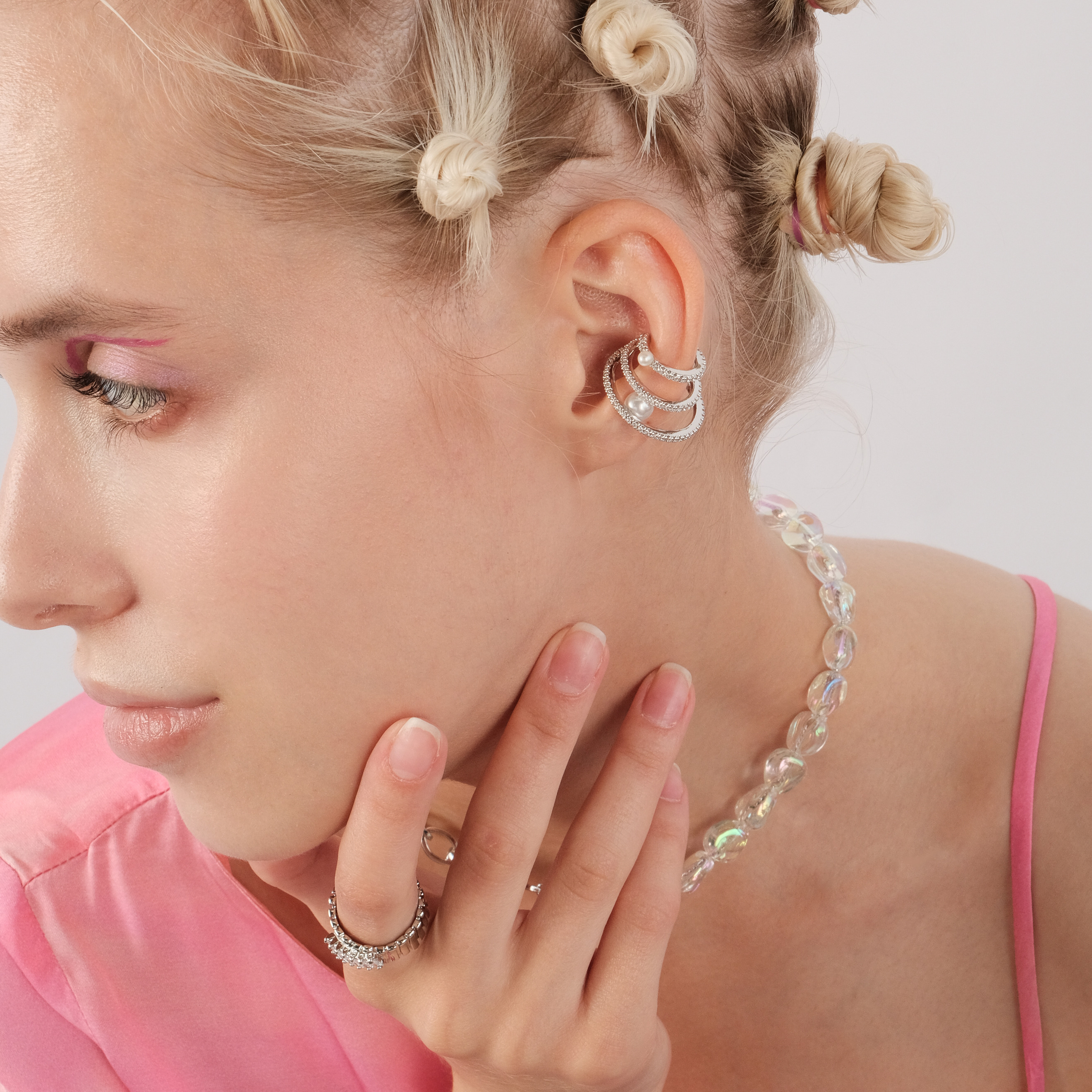 Silver cuff with crystals and pearls
