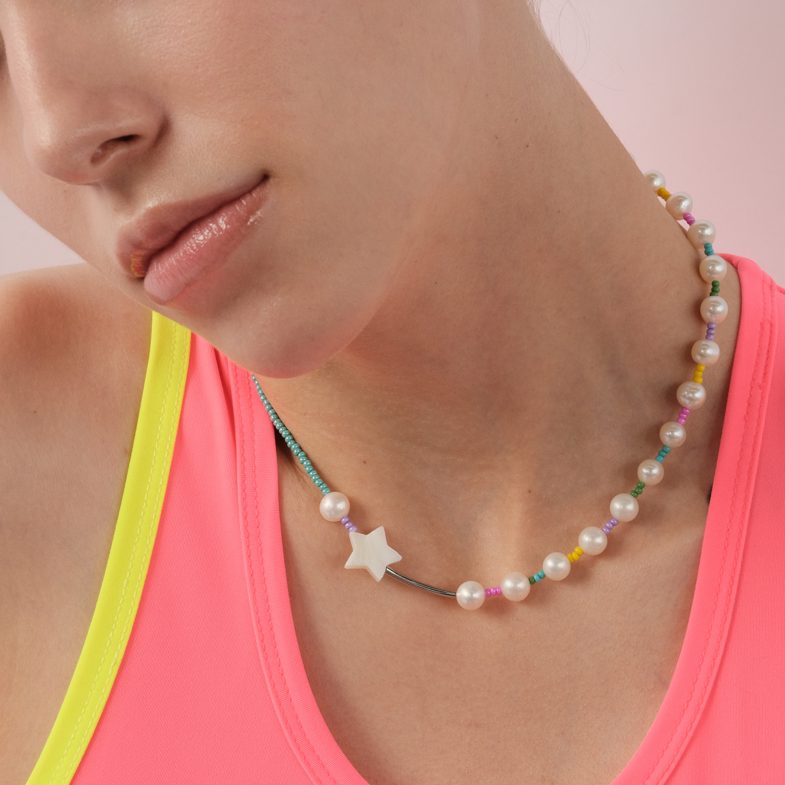 Blue necklace with mother-of-pearl stars and pearls