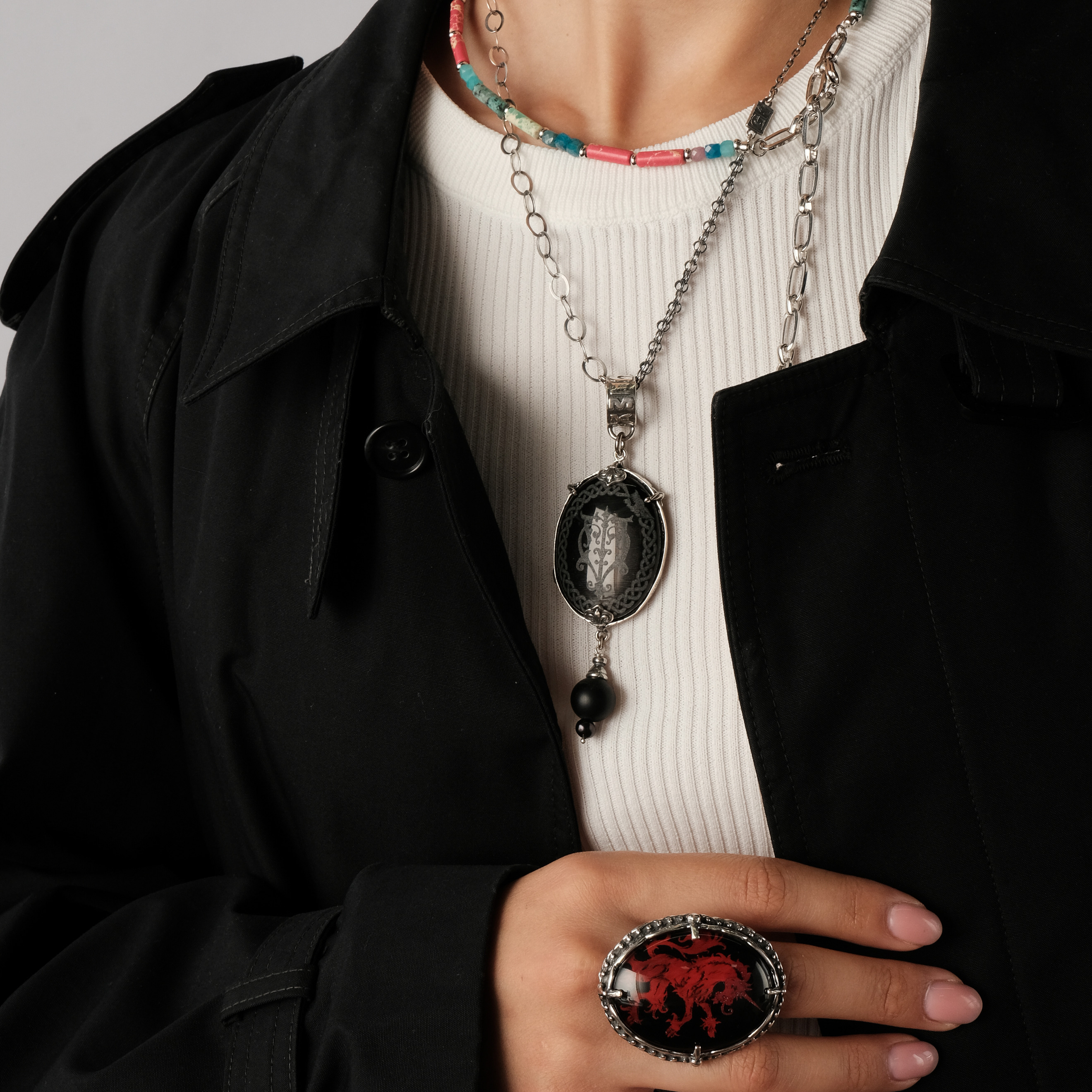 Silver pendant with onyx, tiger's eye and river pearls