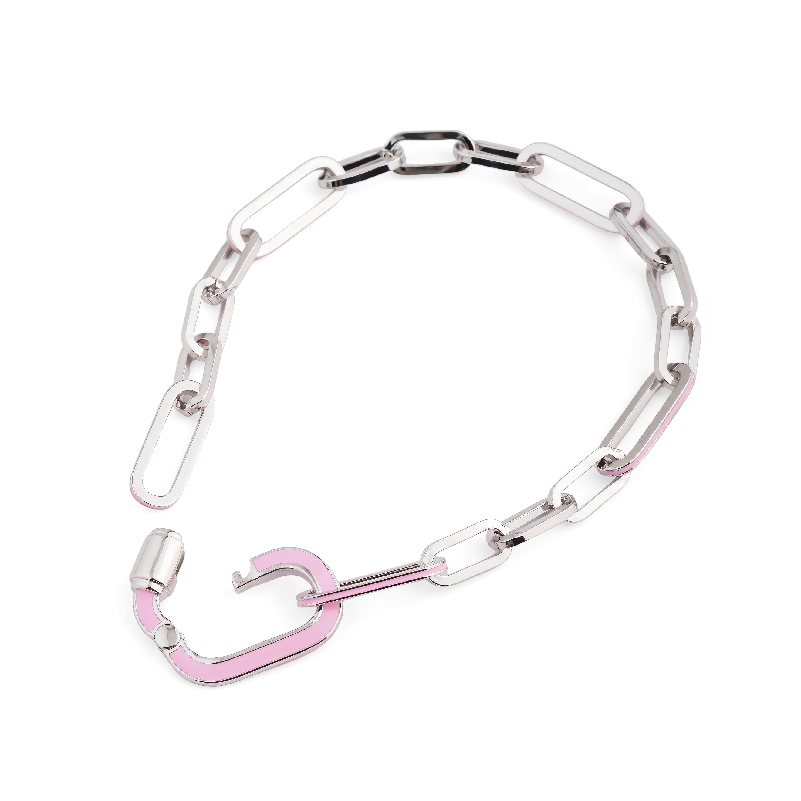 Silver bracelet with pink carabiner and links with enamel