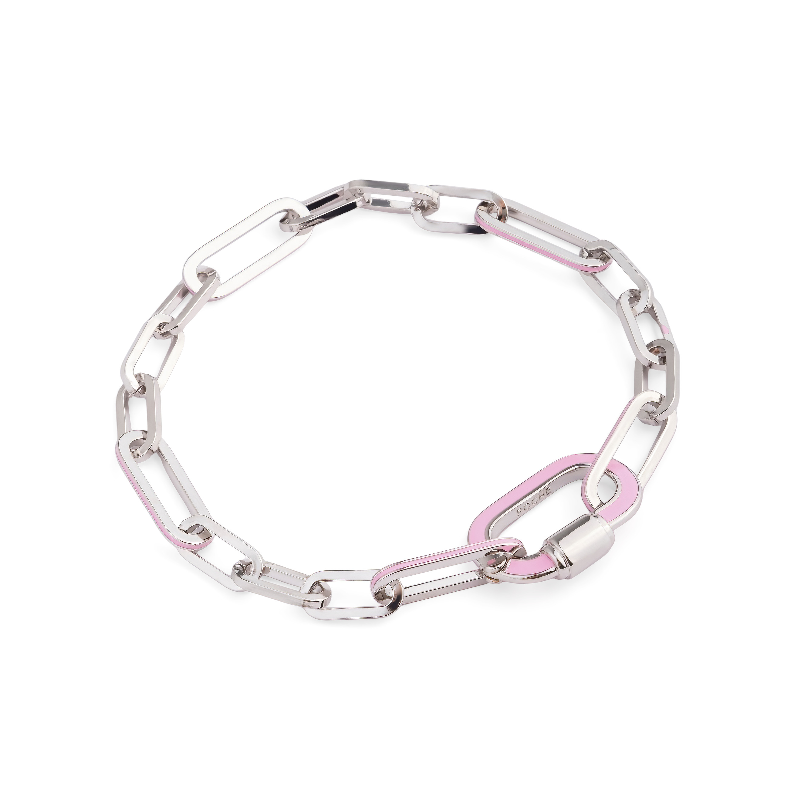 Silver bracelet with pink carabiner and links with enamel