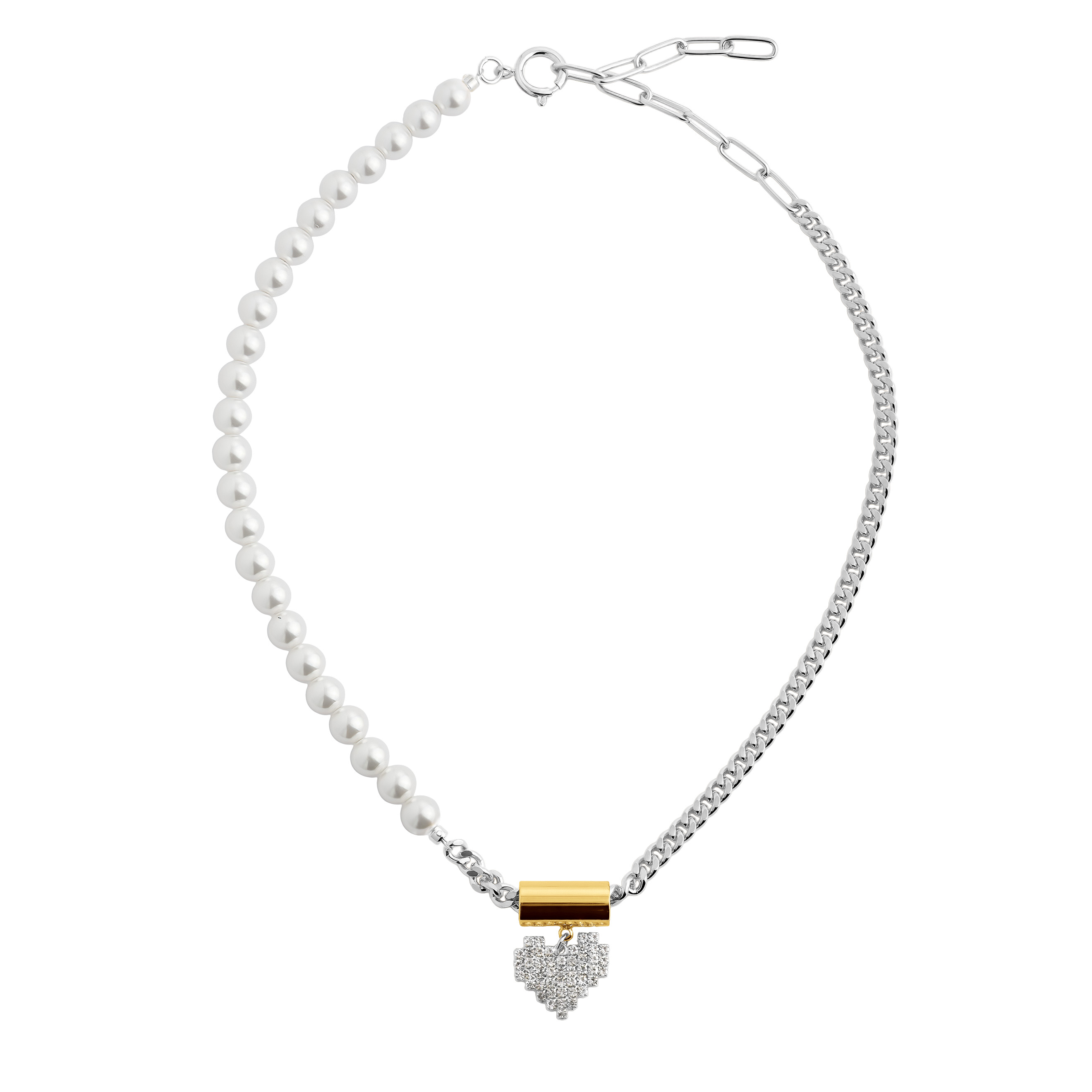 necklace-chain with pearls and golden heart pendant with crystals