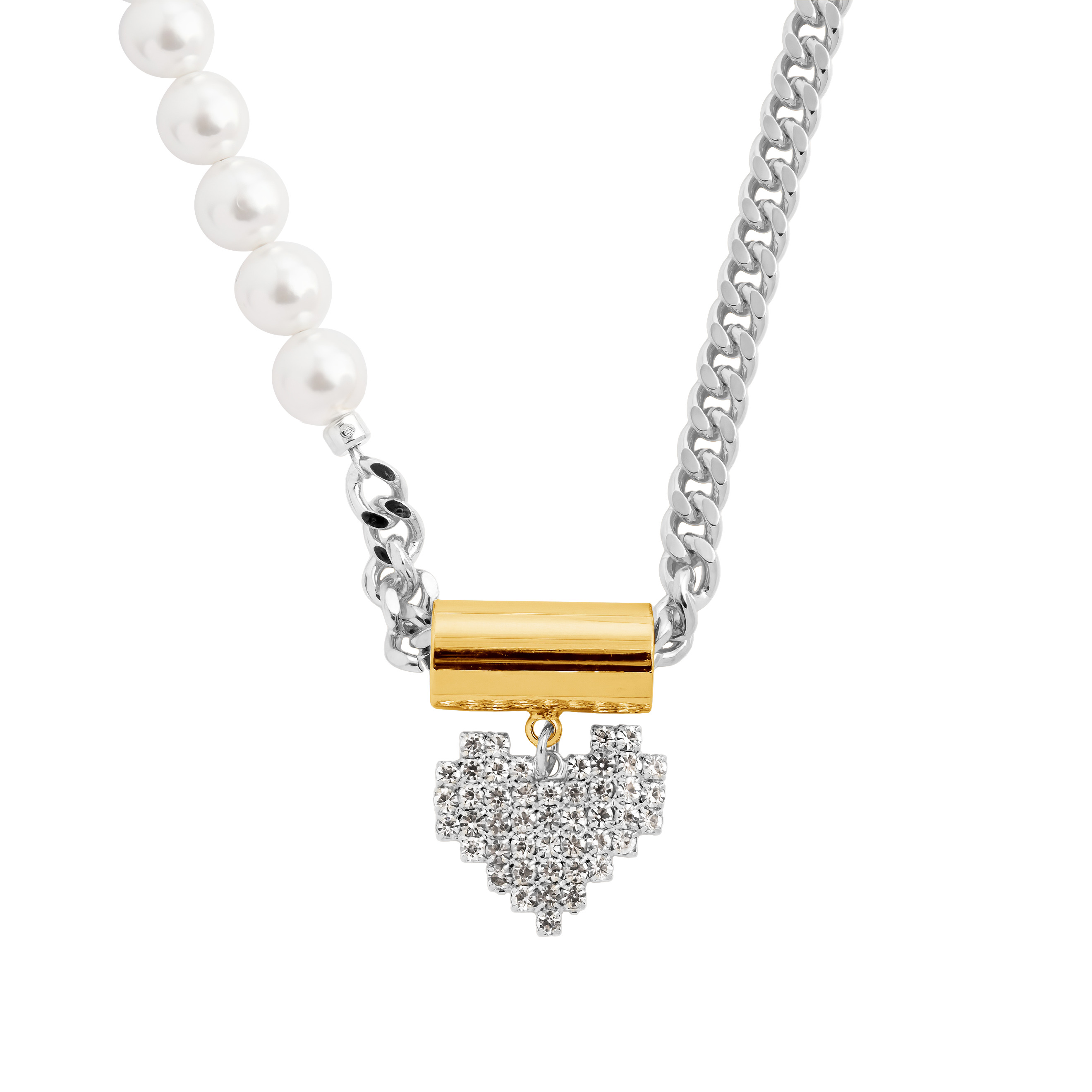 necklace-chain with pearls and golden heart pendant with crystals