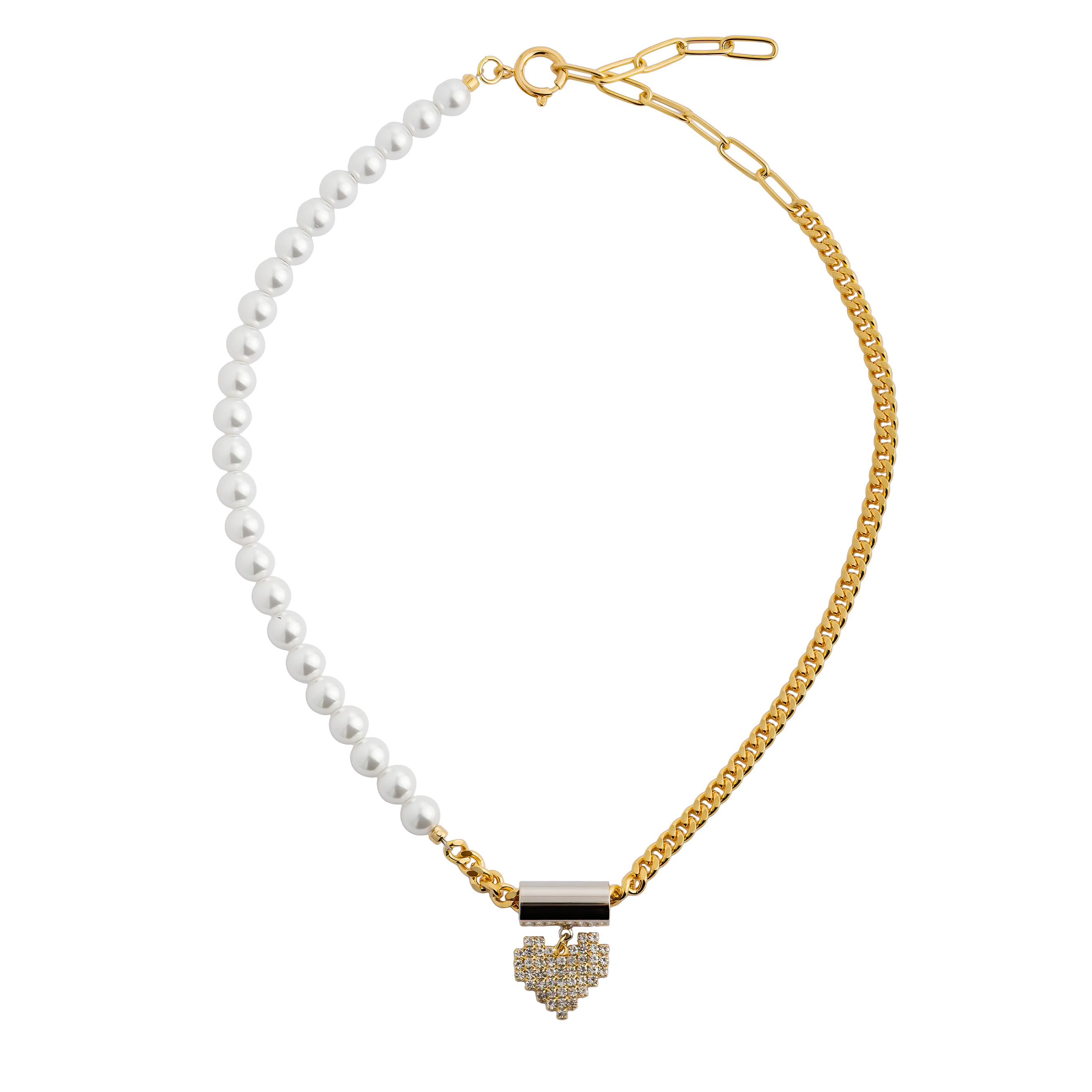 necklace-chain with pearls and a heart pendant with crystals
