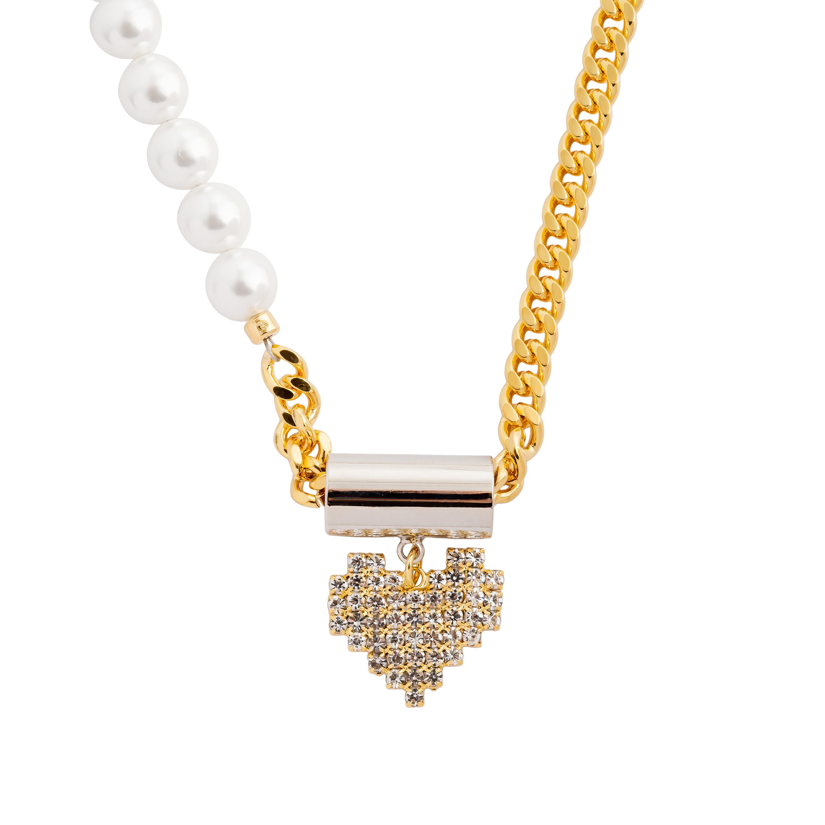 necklace-chain with pearls and a heart pendant with crystals