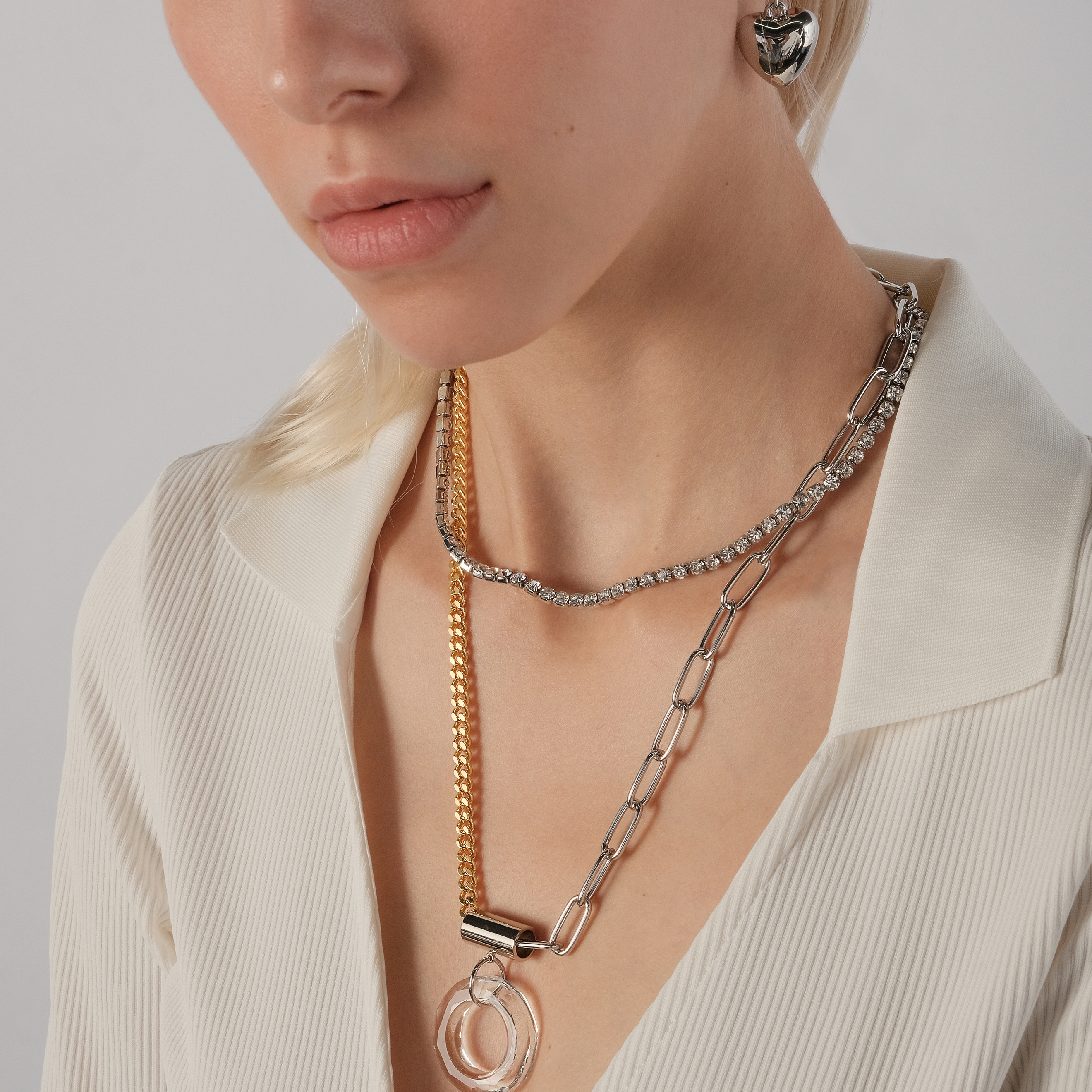 Double Bicolor Chain Necklace with silver Pendant