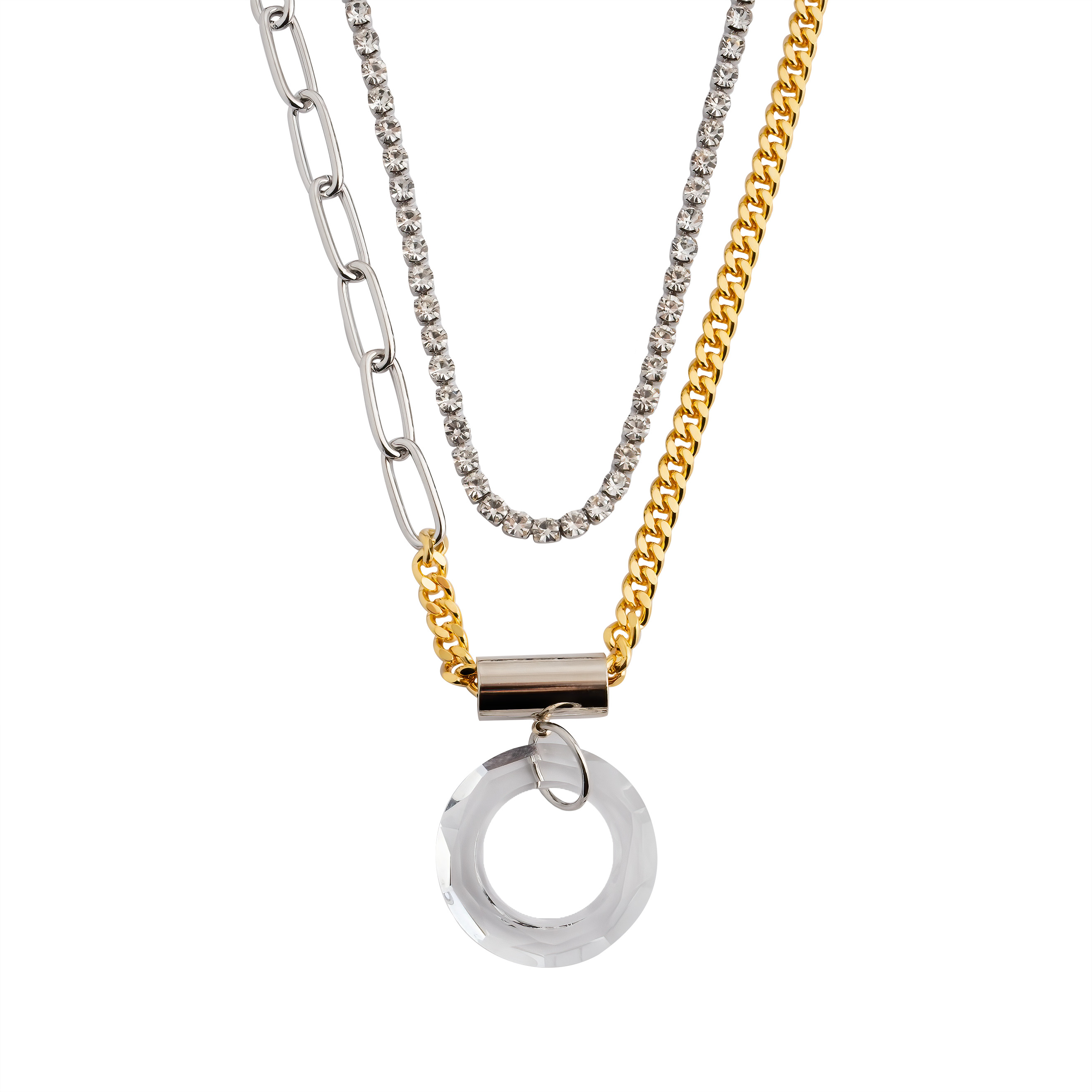 Double Bicolor Chain Necklace with silver Pendant