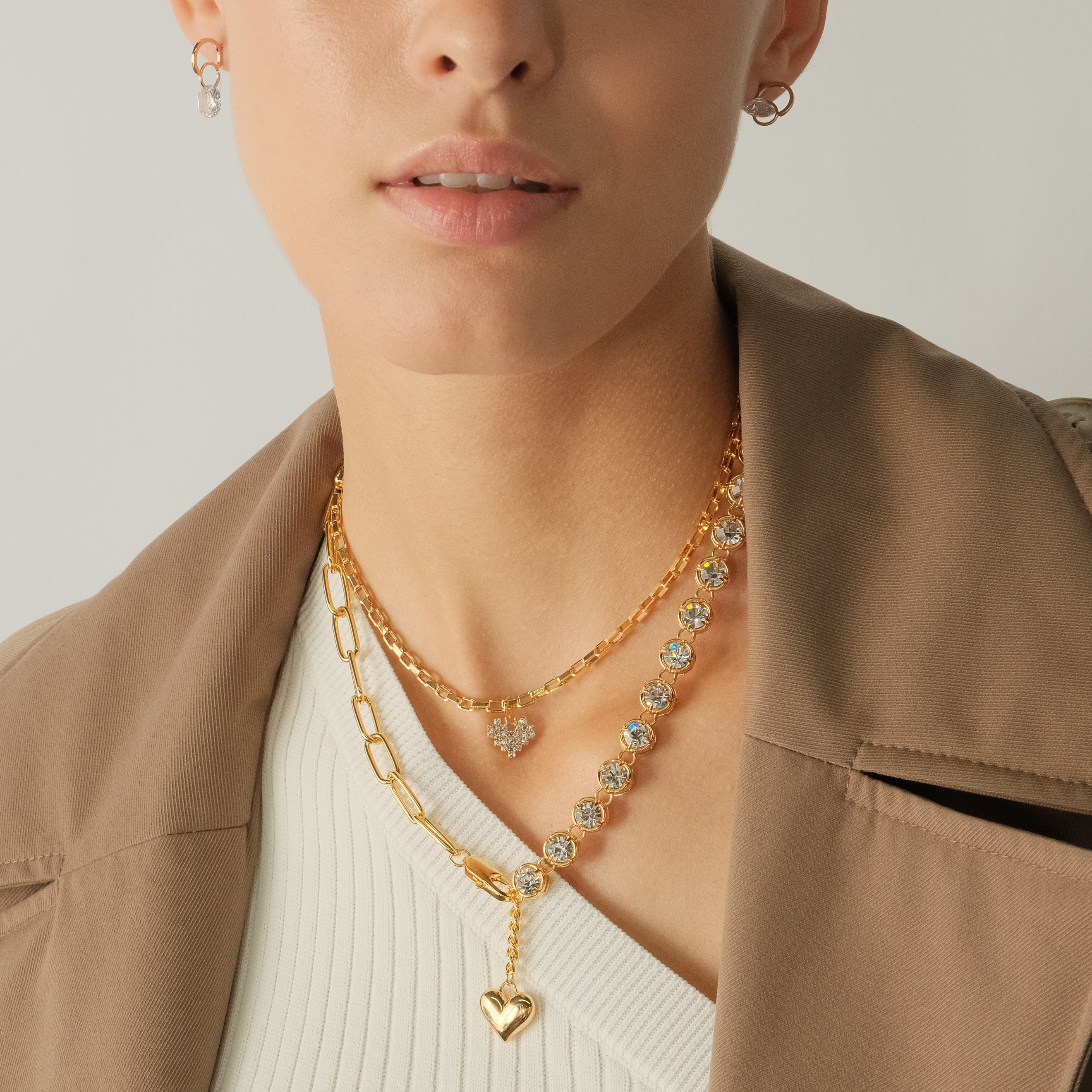Double Chain Necklace with Crystals and Heart Pendant
