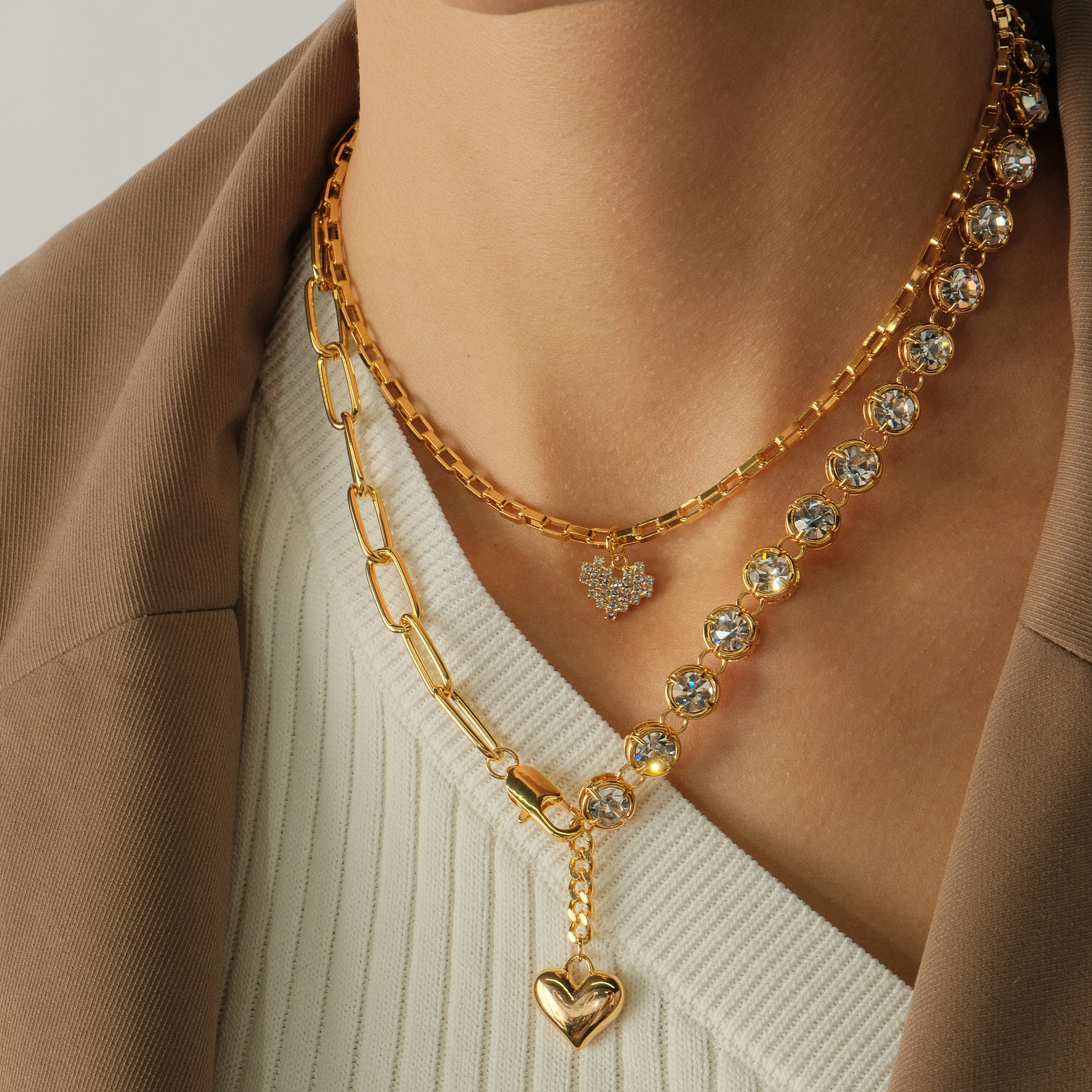 Double Chain Necklace with Crystals and Heart Pendant