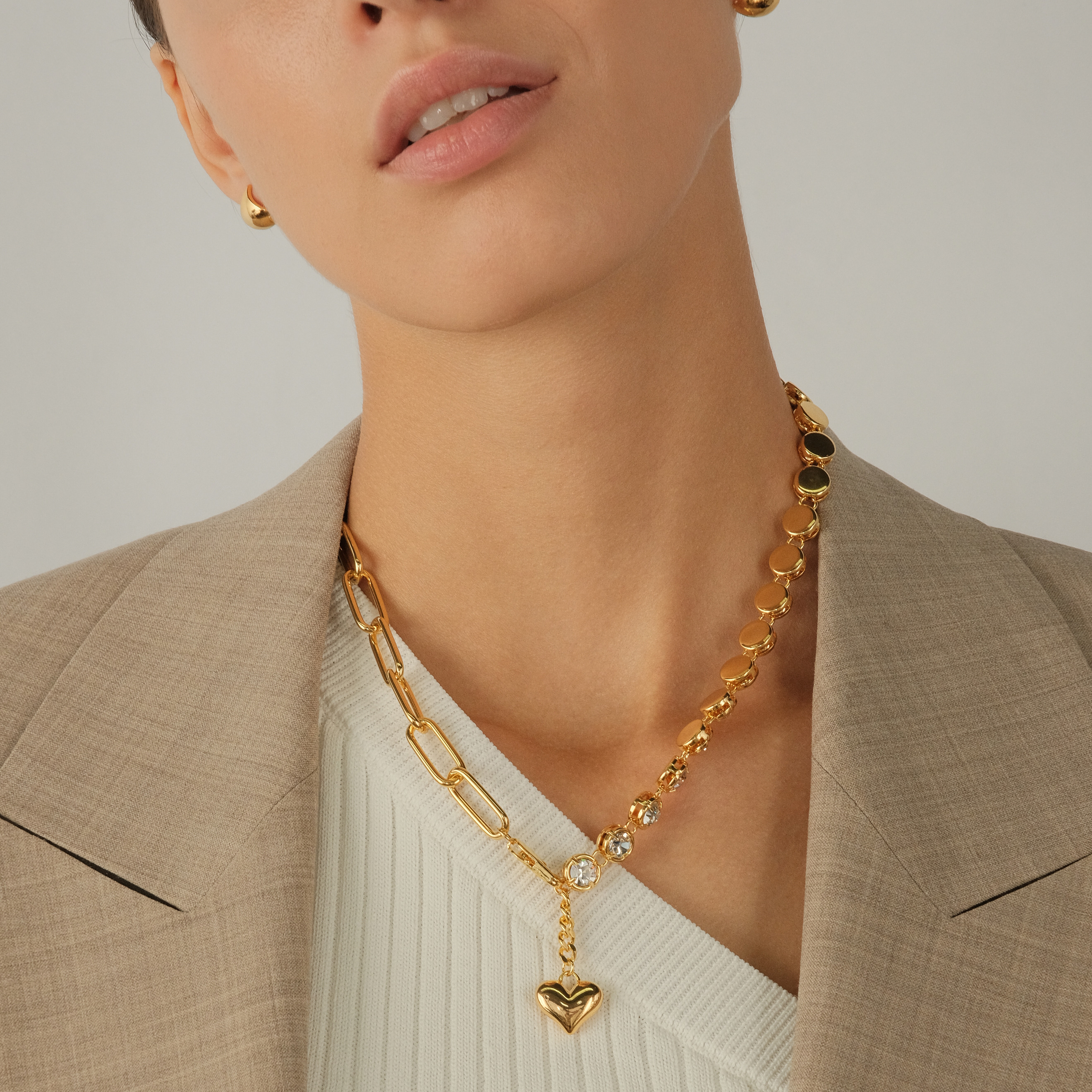 Double Chain Necklace with Crystals and Heart Pendant