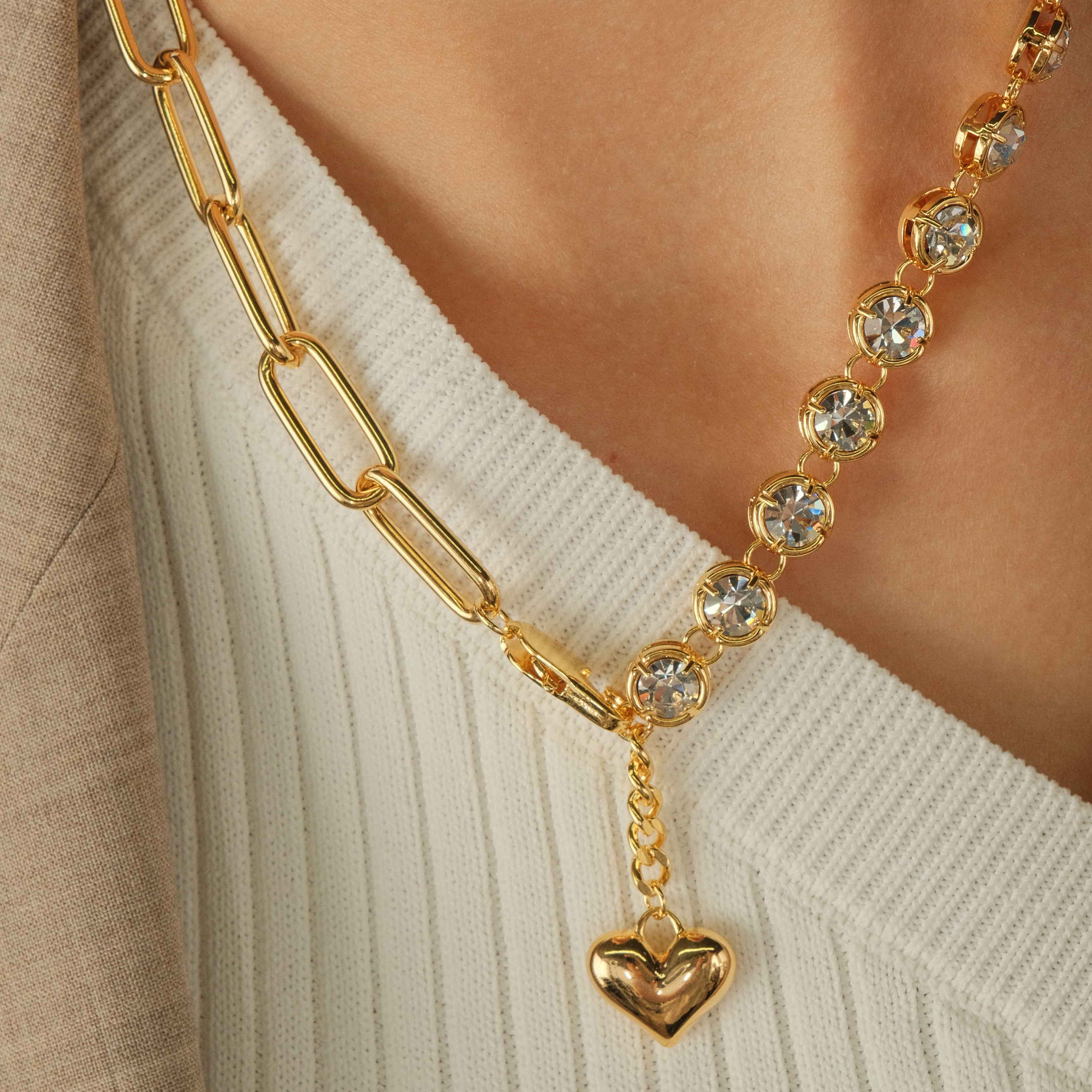 Double Chain Necklace with Crystals and Heart Pendant