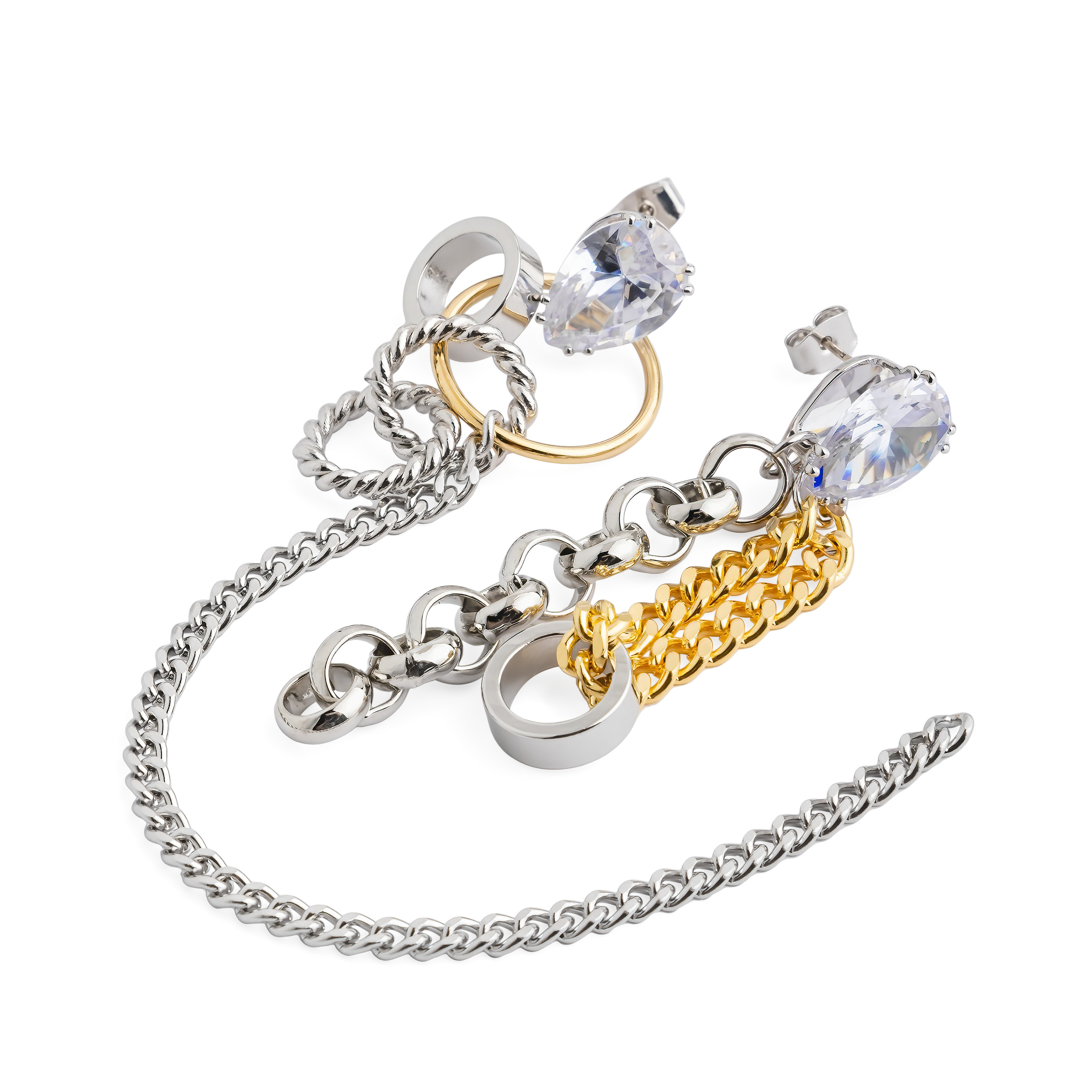 Silver Asymmetric Crystal Chain Earrings