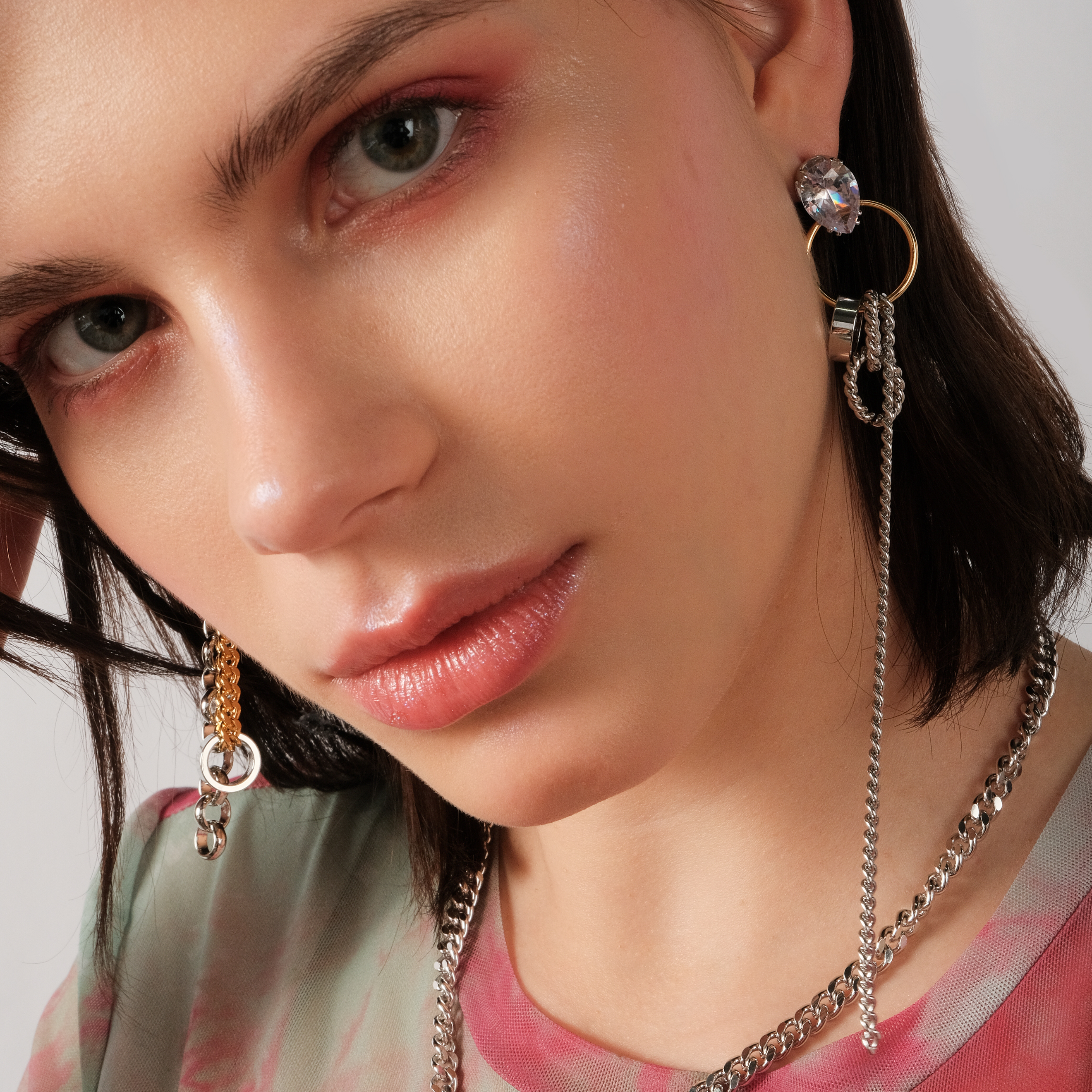 Silver Asymmetric Crystal Chain Earrings