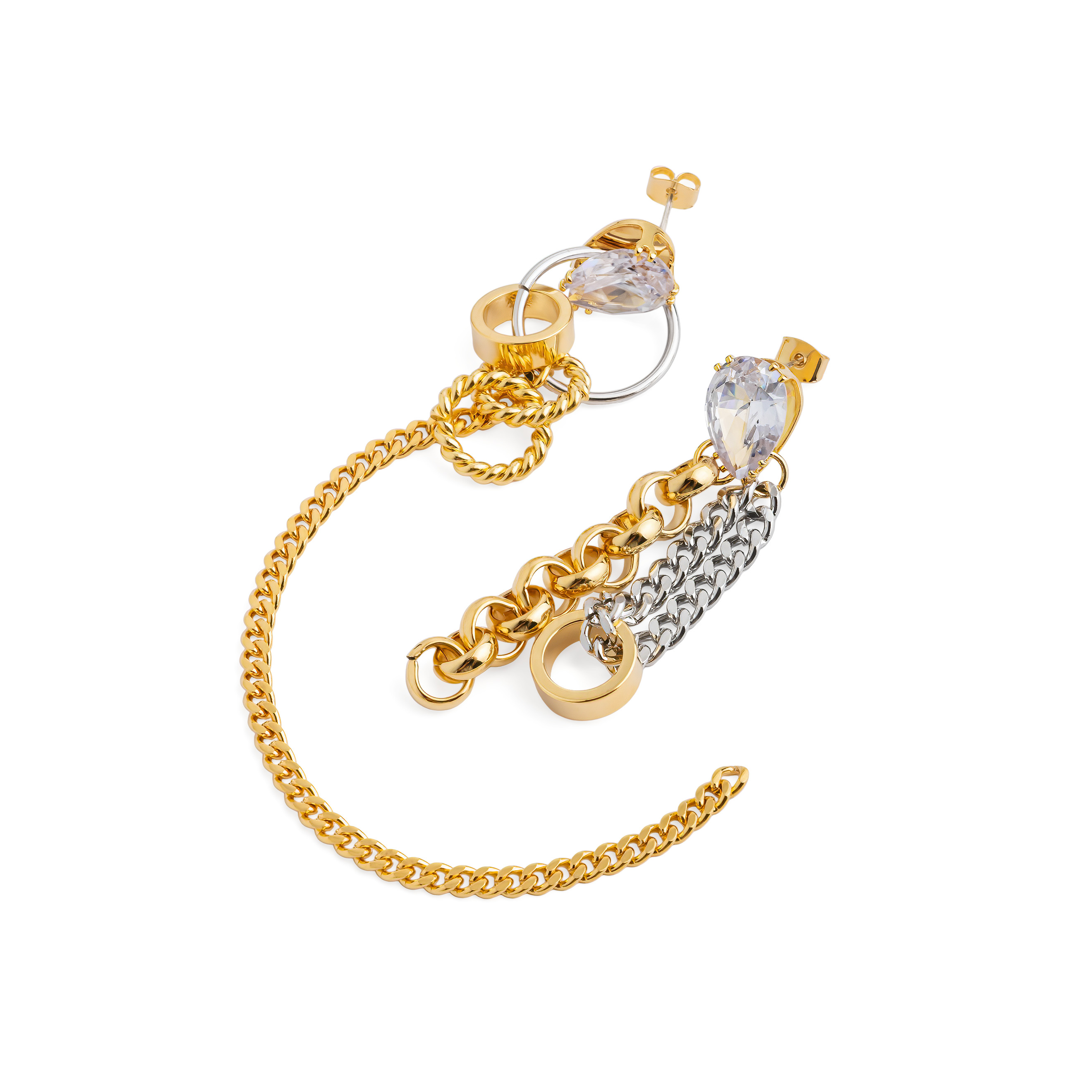Gold Asymmetric Crystal Chain Earrings