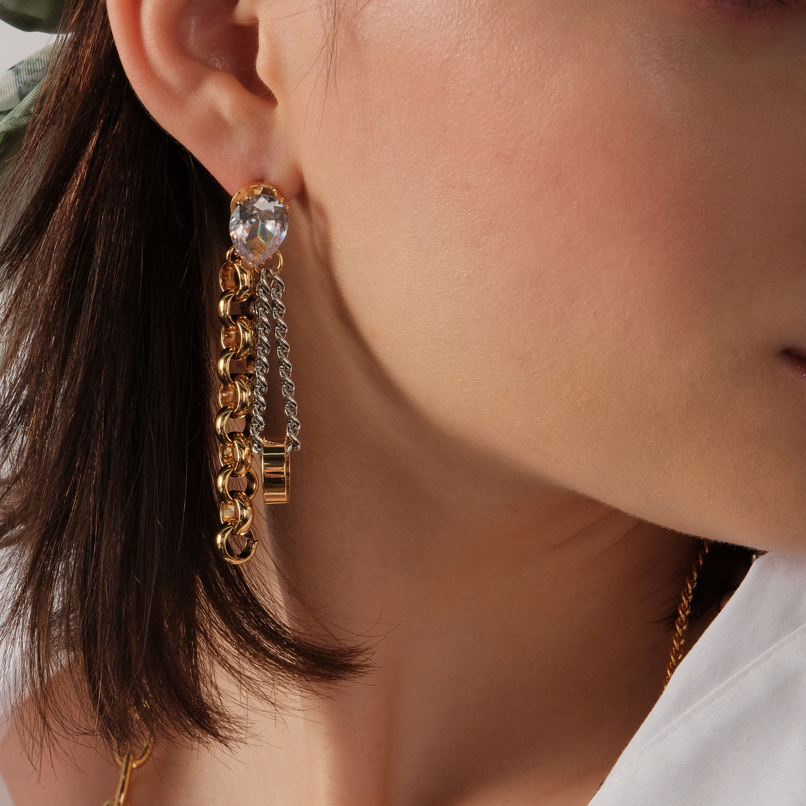 Gold Asymmetric Crystal Chain Earrings