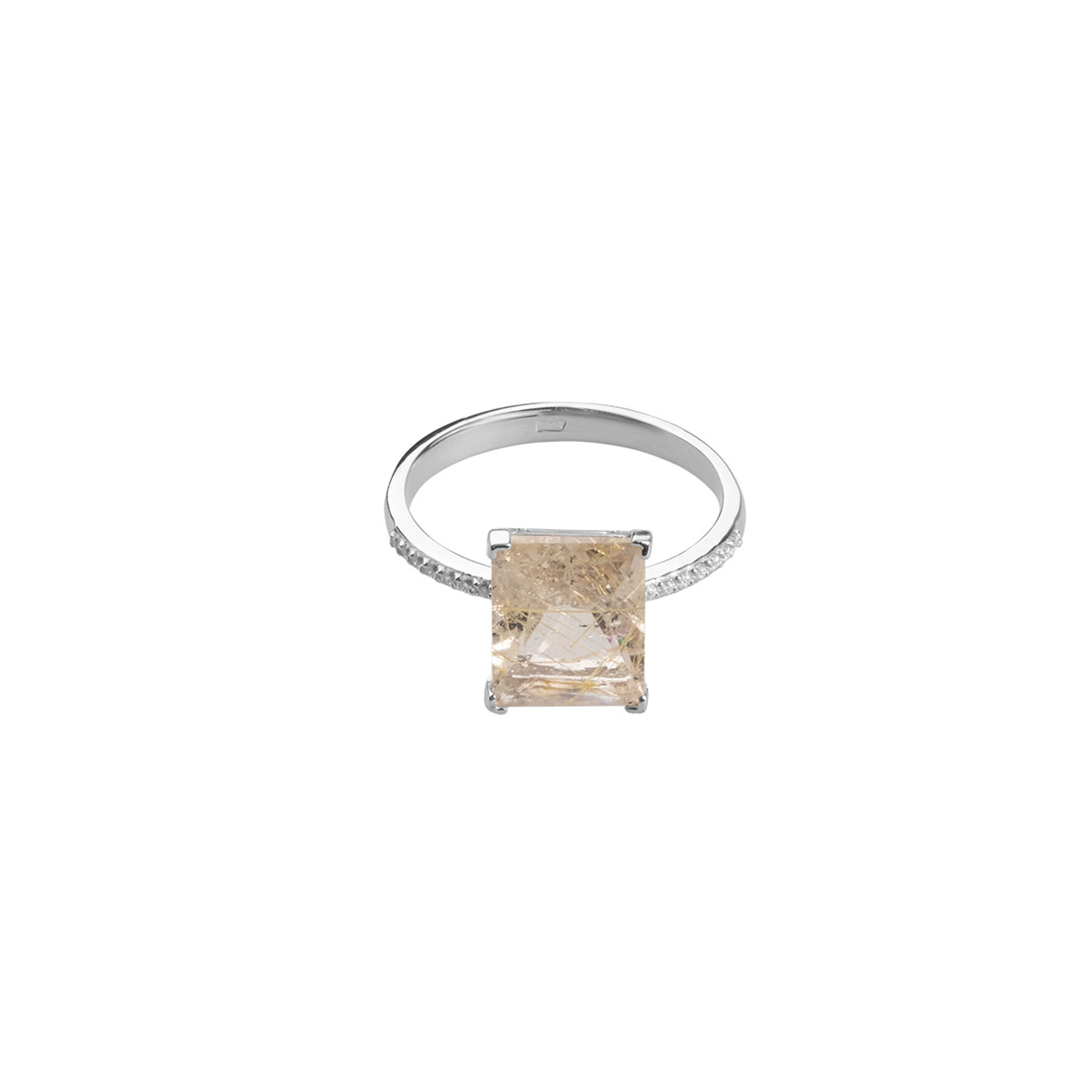 Silver ring with rutile quartz cut baguette