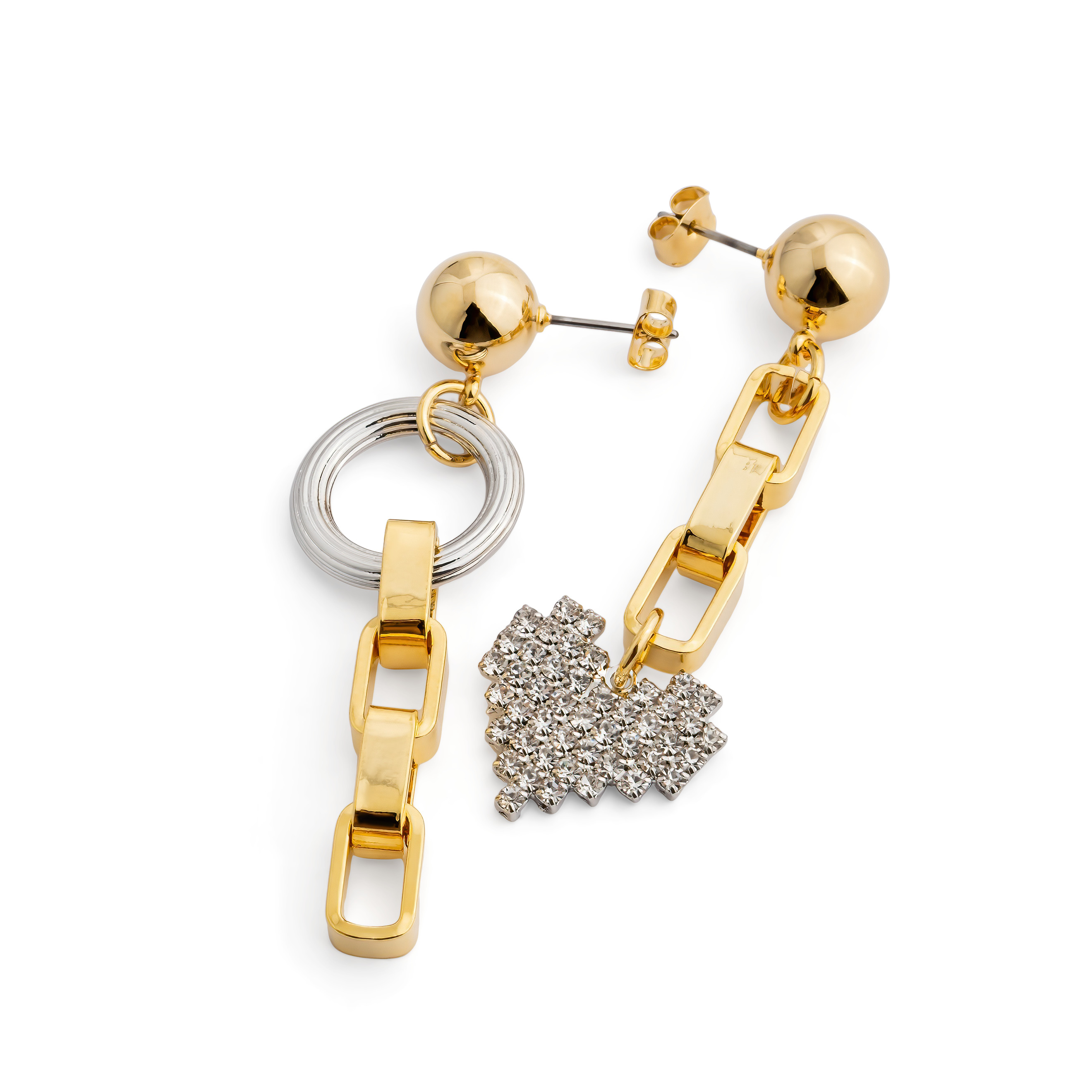 earrings with a silver heart with crystals and a circle