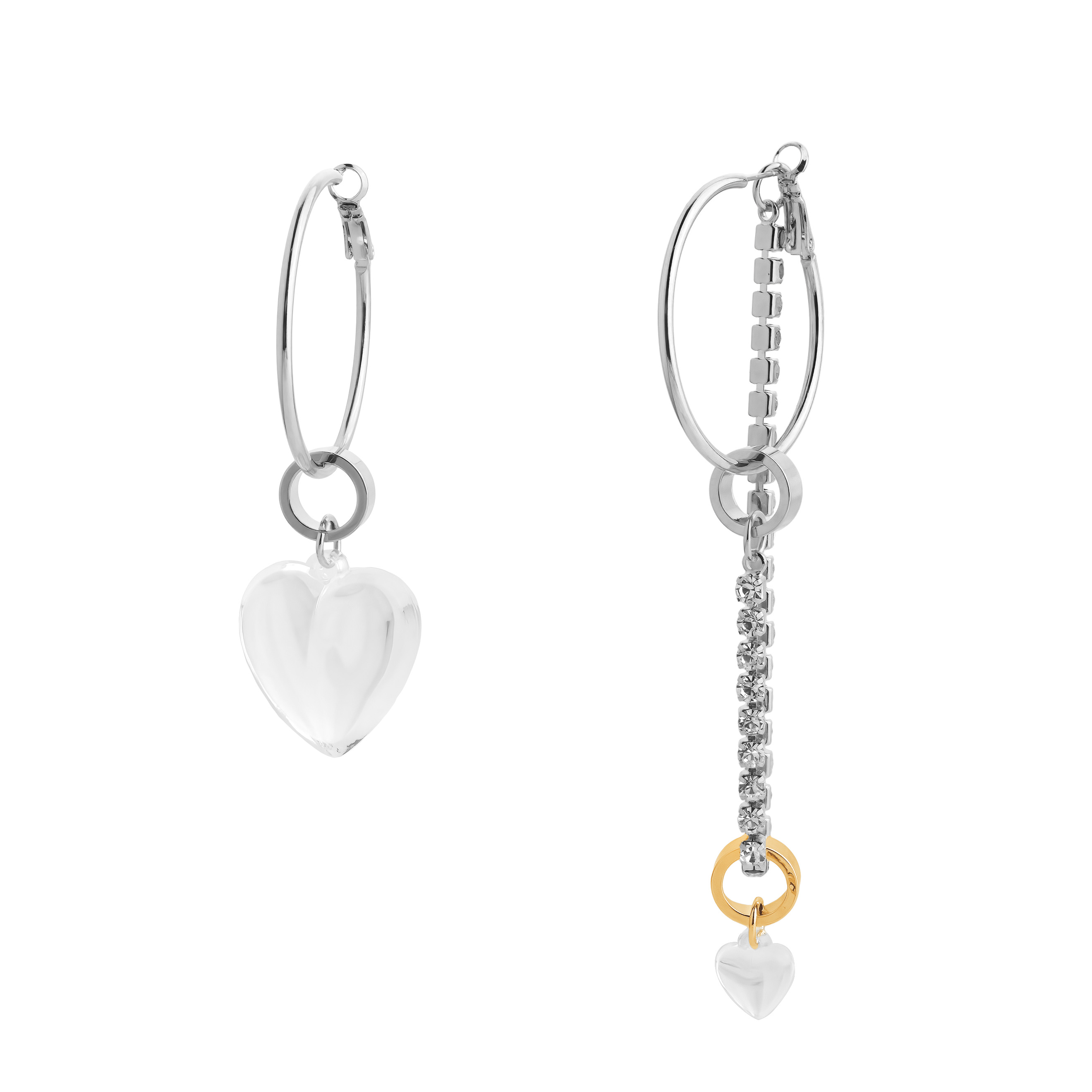 asymmetric earrings with a heart and a crystal pendant