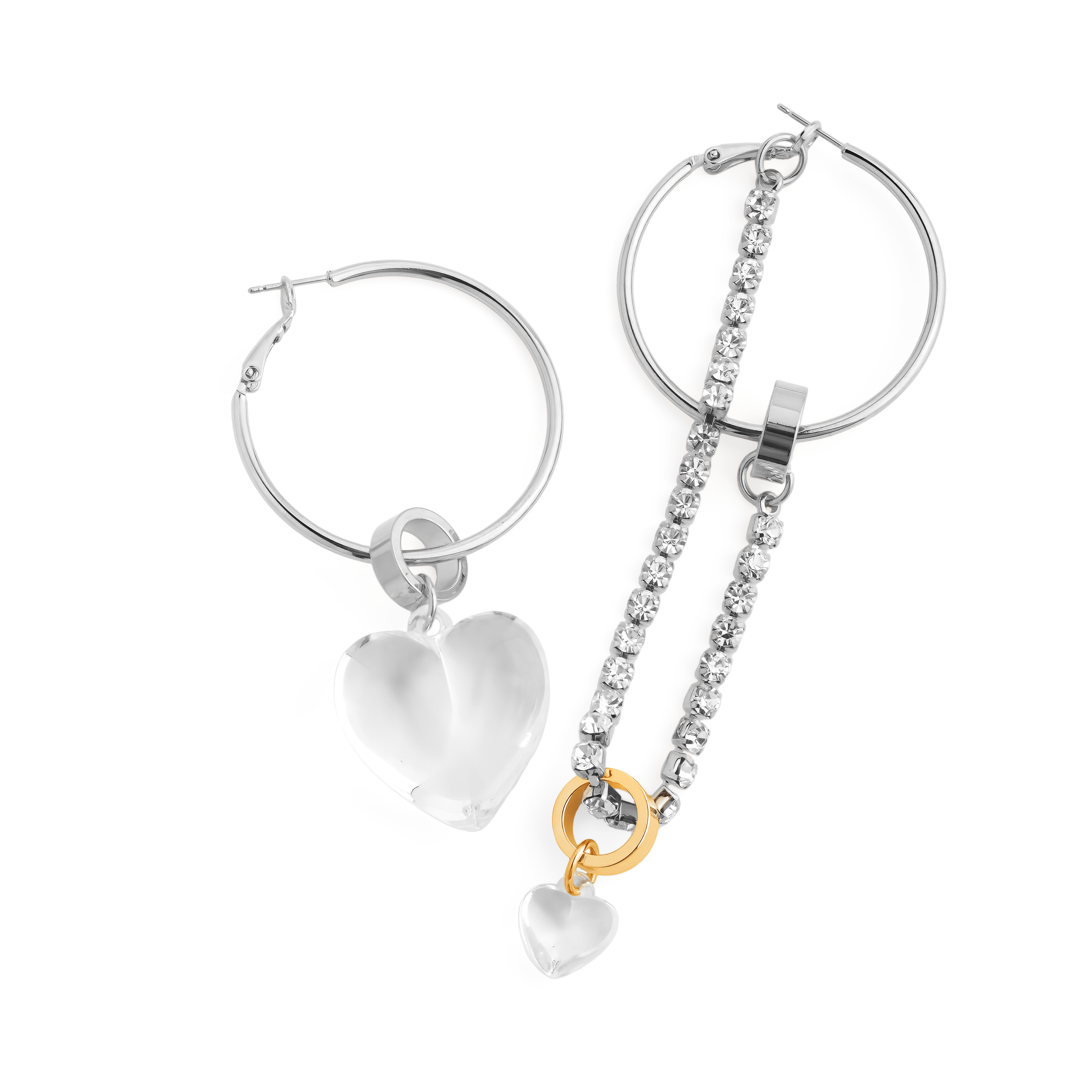 asymmetric earrings with a heart and a crystal pendant