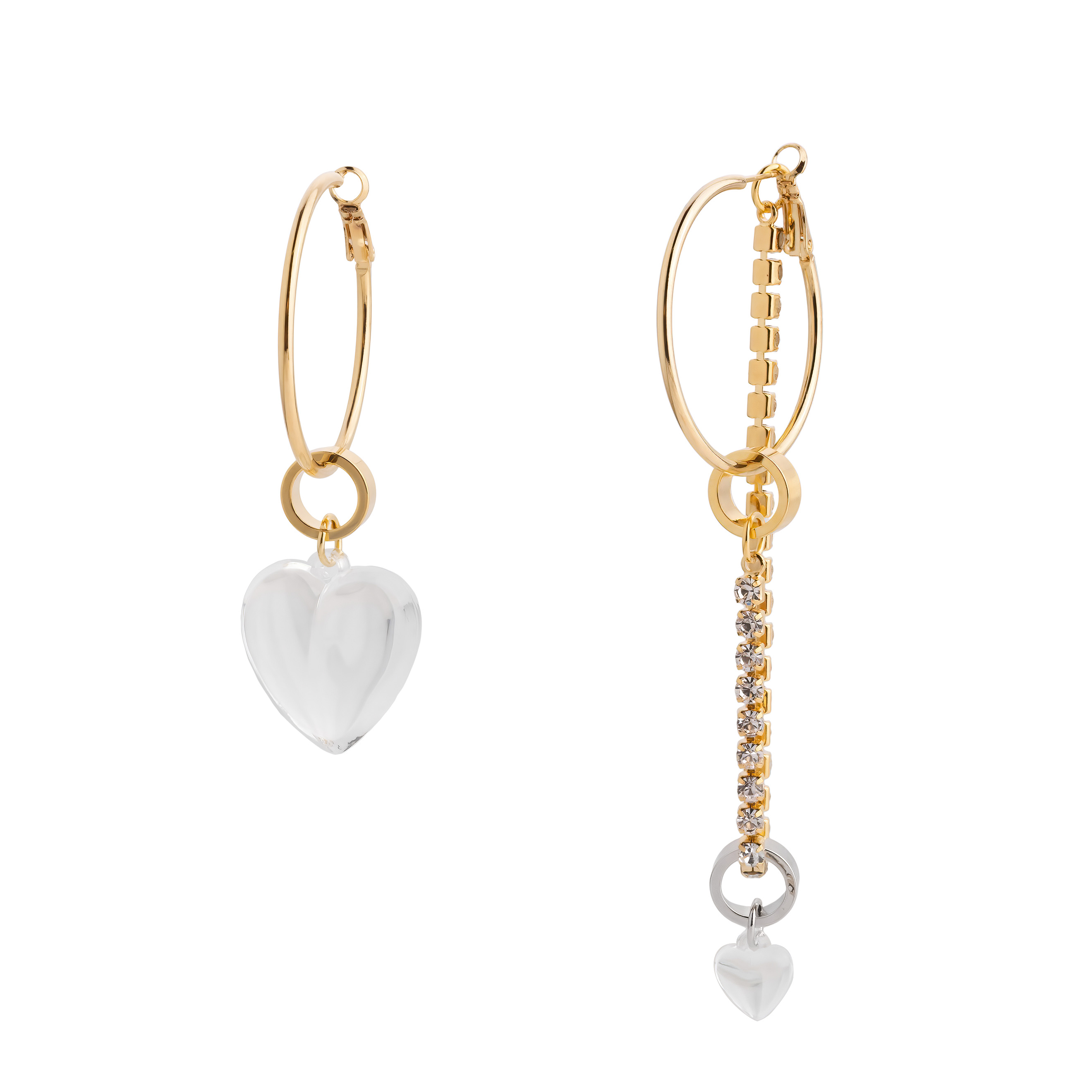 asymmetric earrings with a heart and a crystal pendant