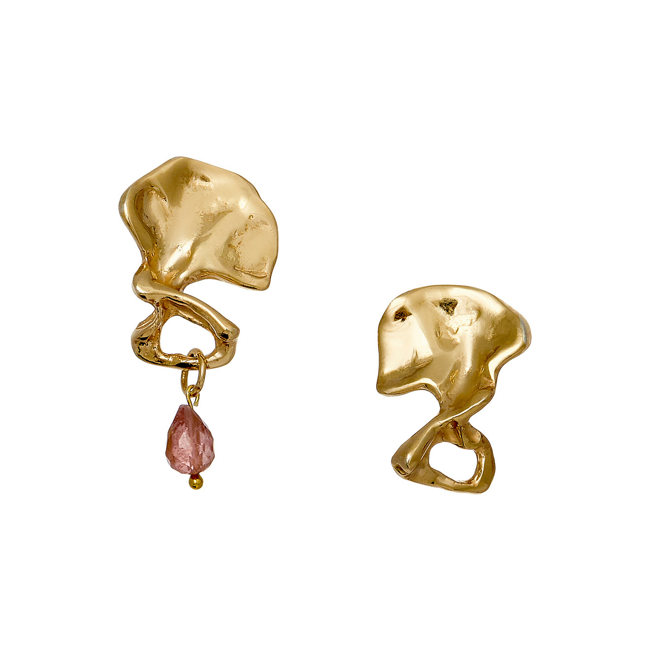Gold-plated asymmetric earrings with light pink tourmaline