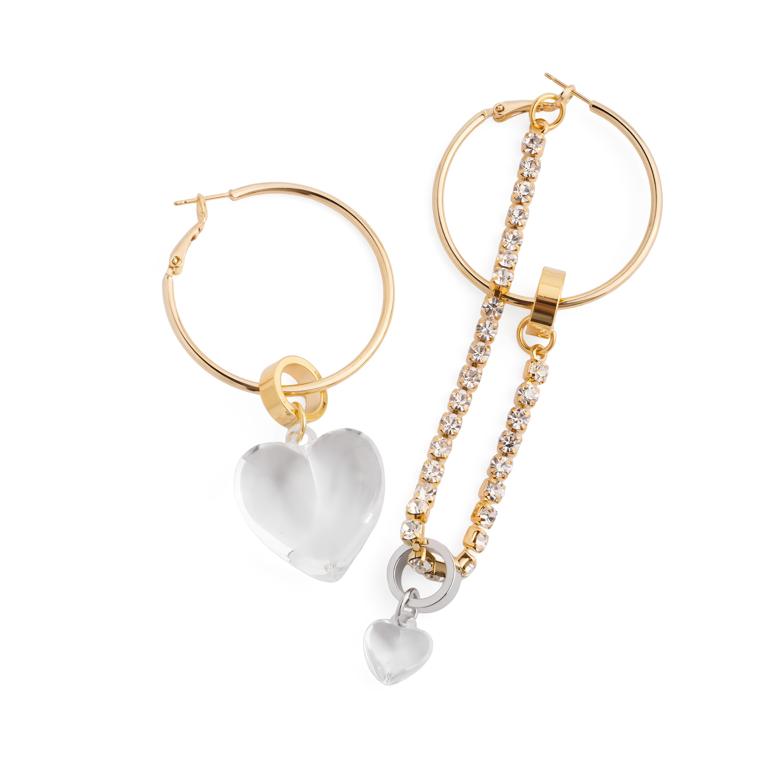 asymmetric earrings with a heart and a crystal pendant
