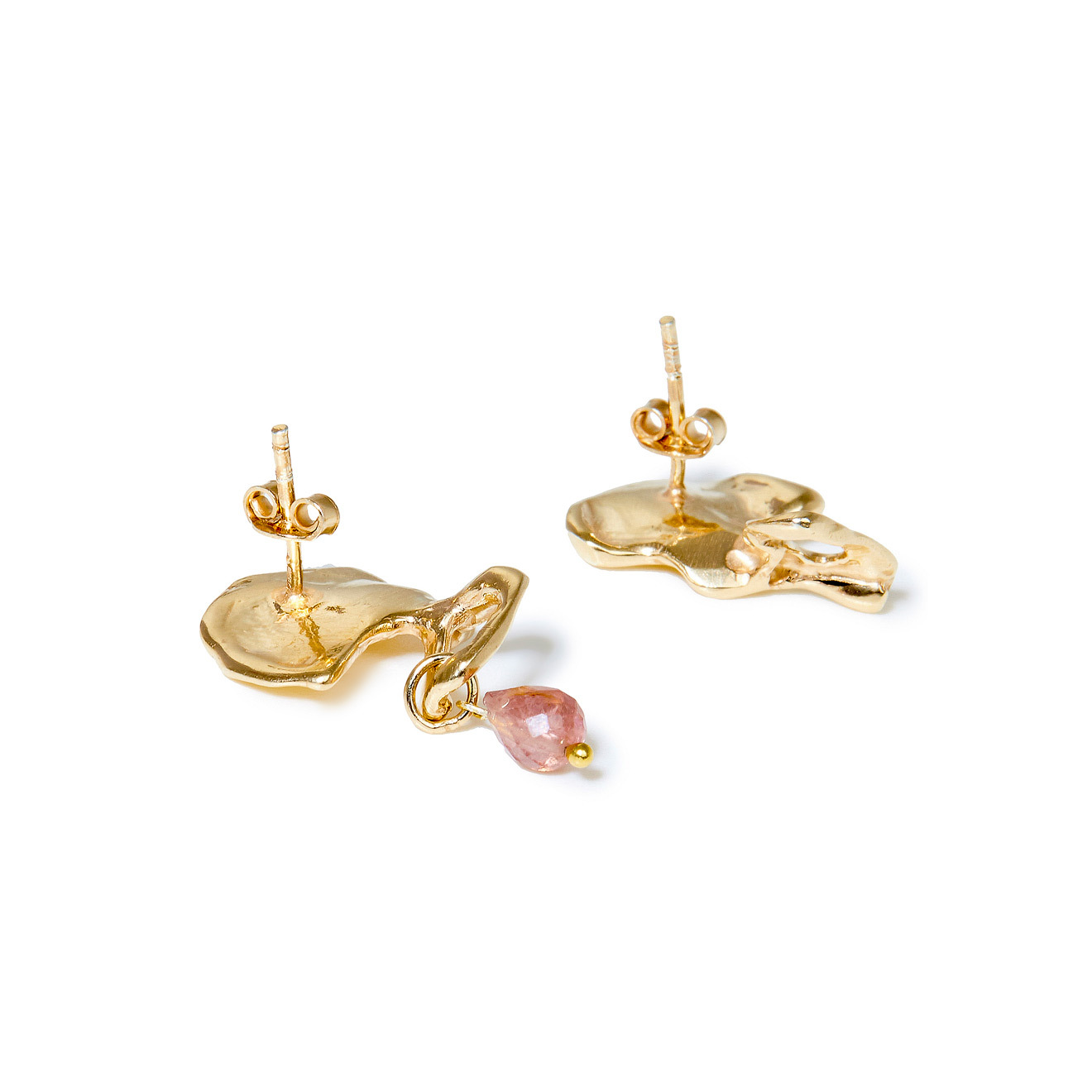 Gold-plated asymmetric earrings with light pink tourmaline