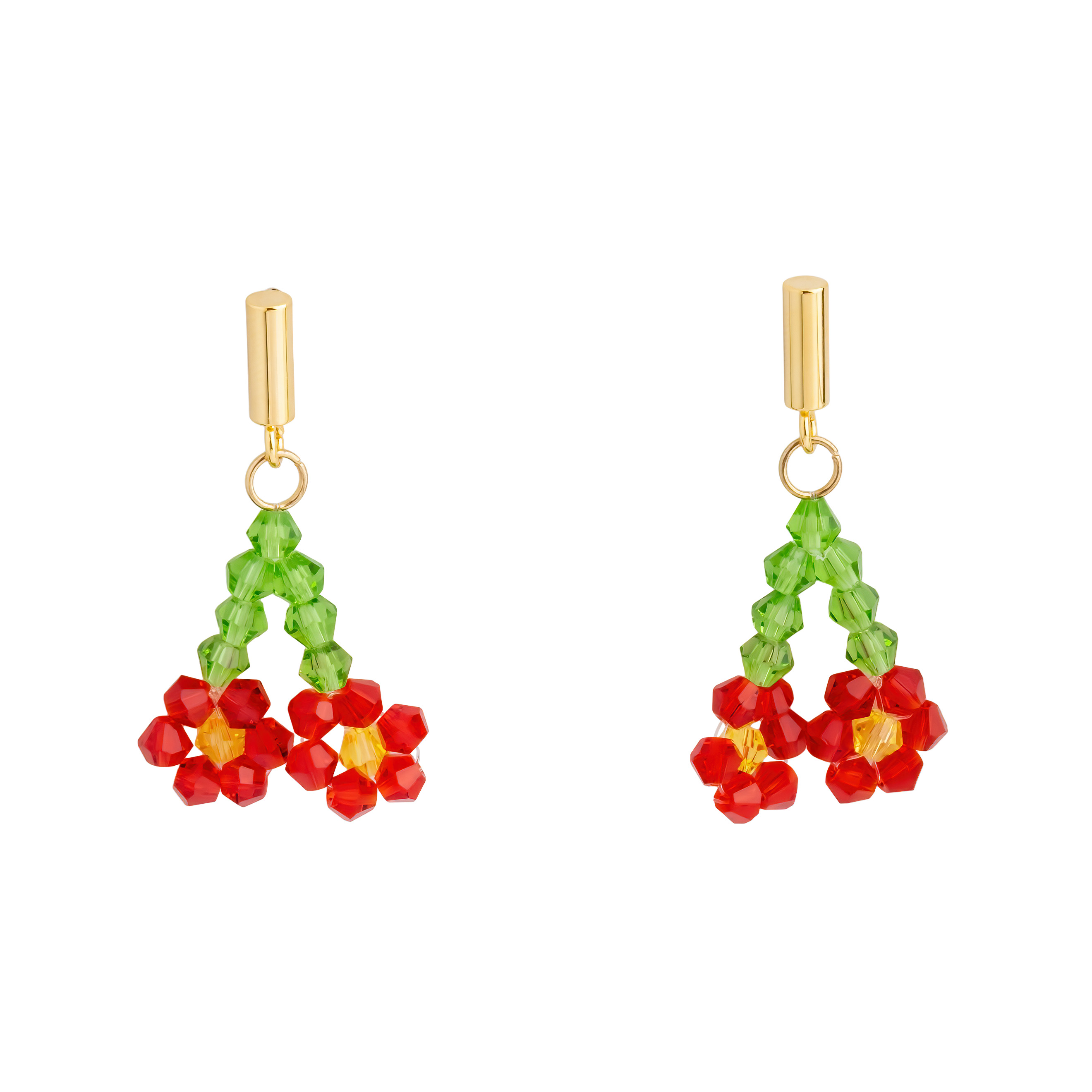 Earrings with red beaded flowers