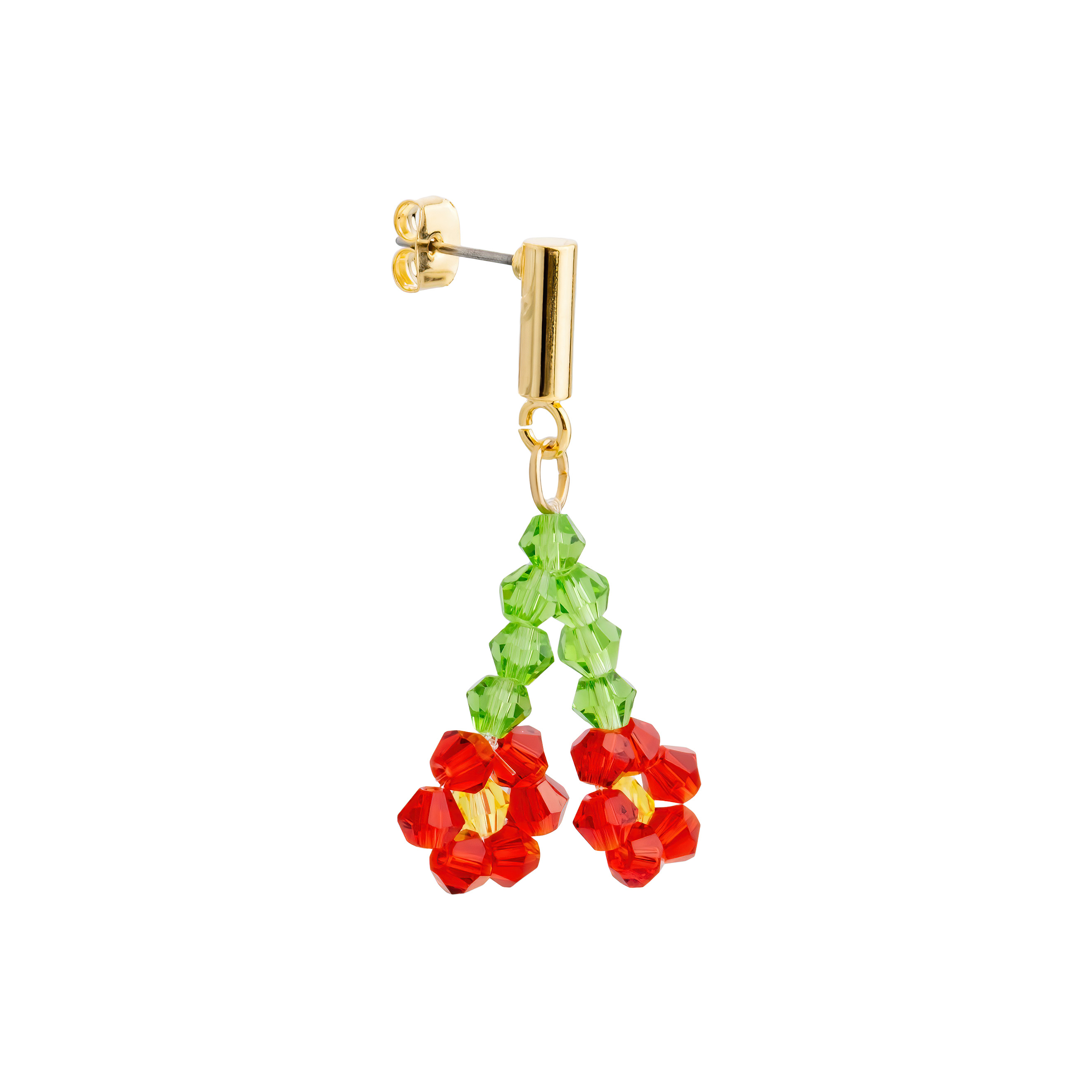 Earrings with red beaded flowers
