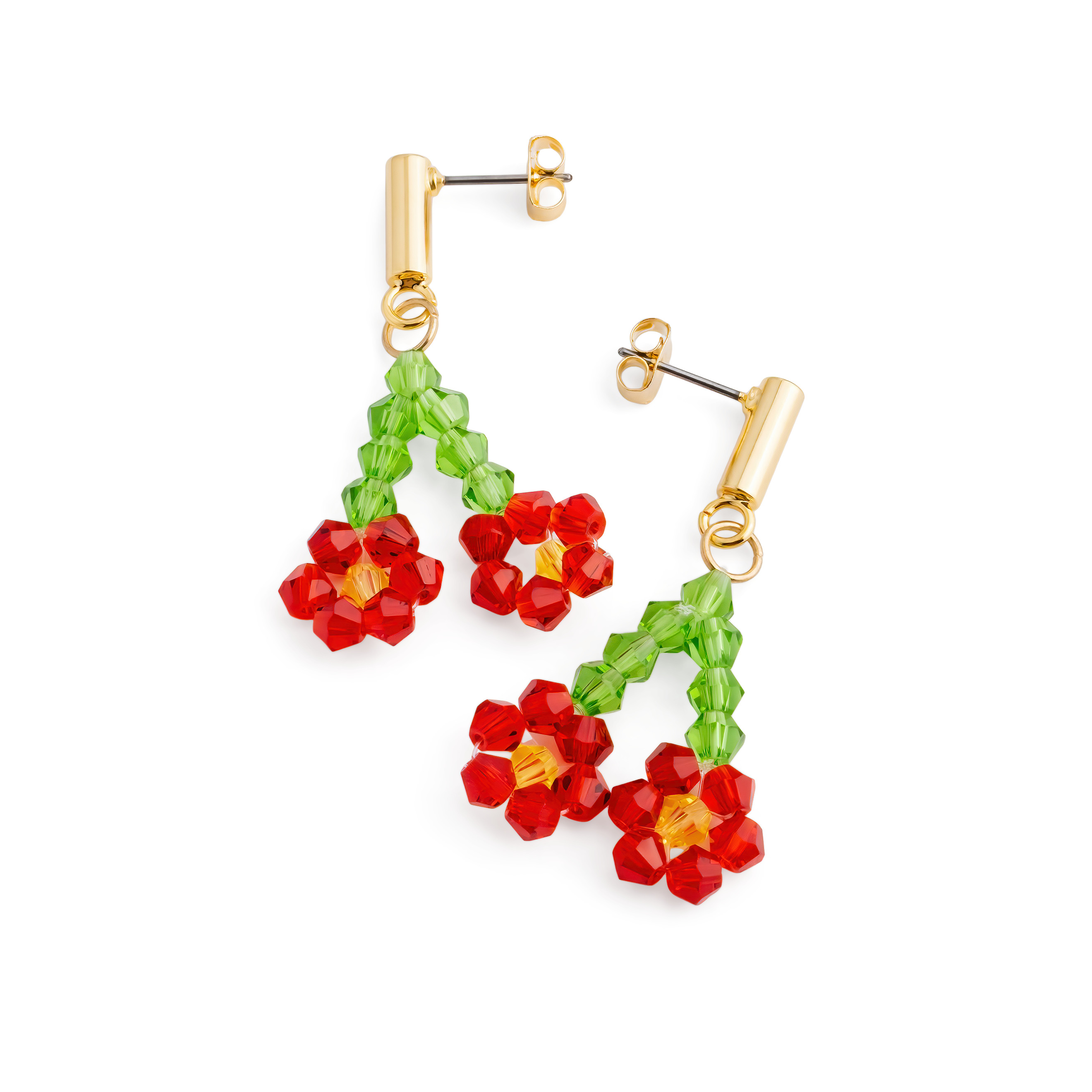 Earrings with red beaded flowers
